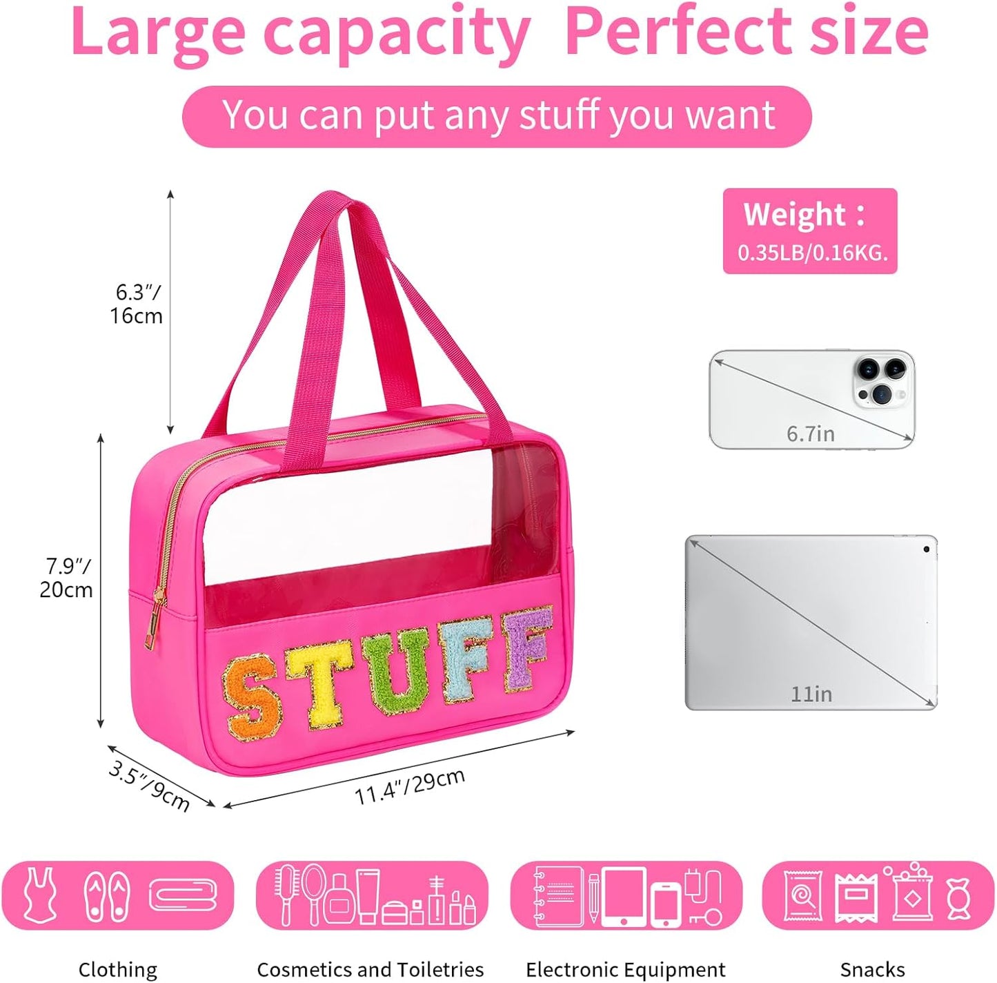 Chenille Letter Patch Makeup Bag - Waterproof Clear Travel Toiletry Bag with Handle | Large PVC & Nylon Storage for Women