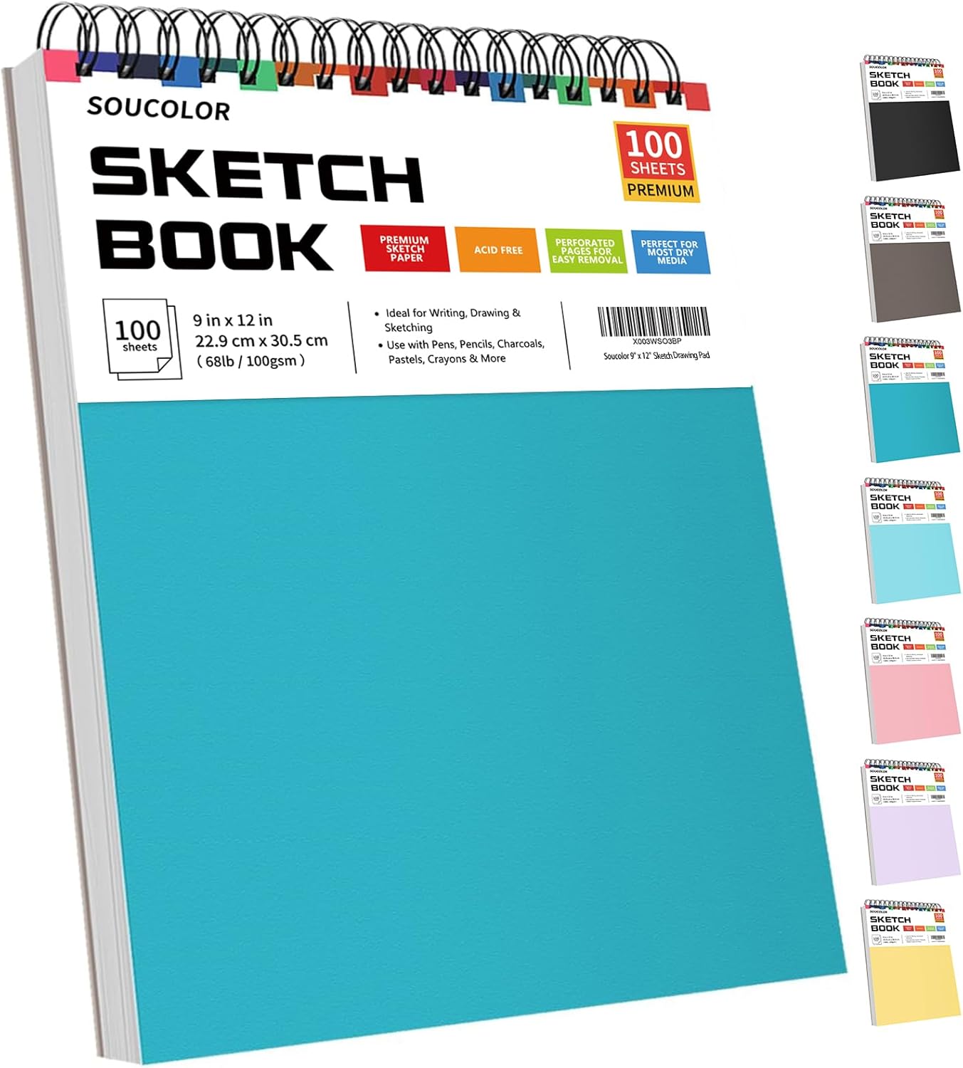 Soucolor Sketch Book - 9" x 12" Top Spiral Bound, 100 Sheets Acid-Free Drawing Paper | Ideal for Kids, Adults & Artists