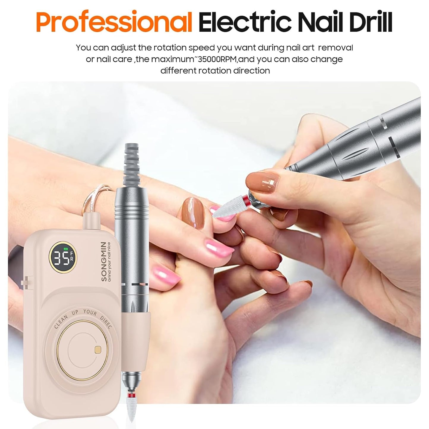 Professional Nail Drill - 35000 RPM Cordless Efile Kit for Acrylic & Gel Nails | Rechargeable Electric Nail File, Pink