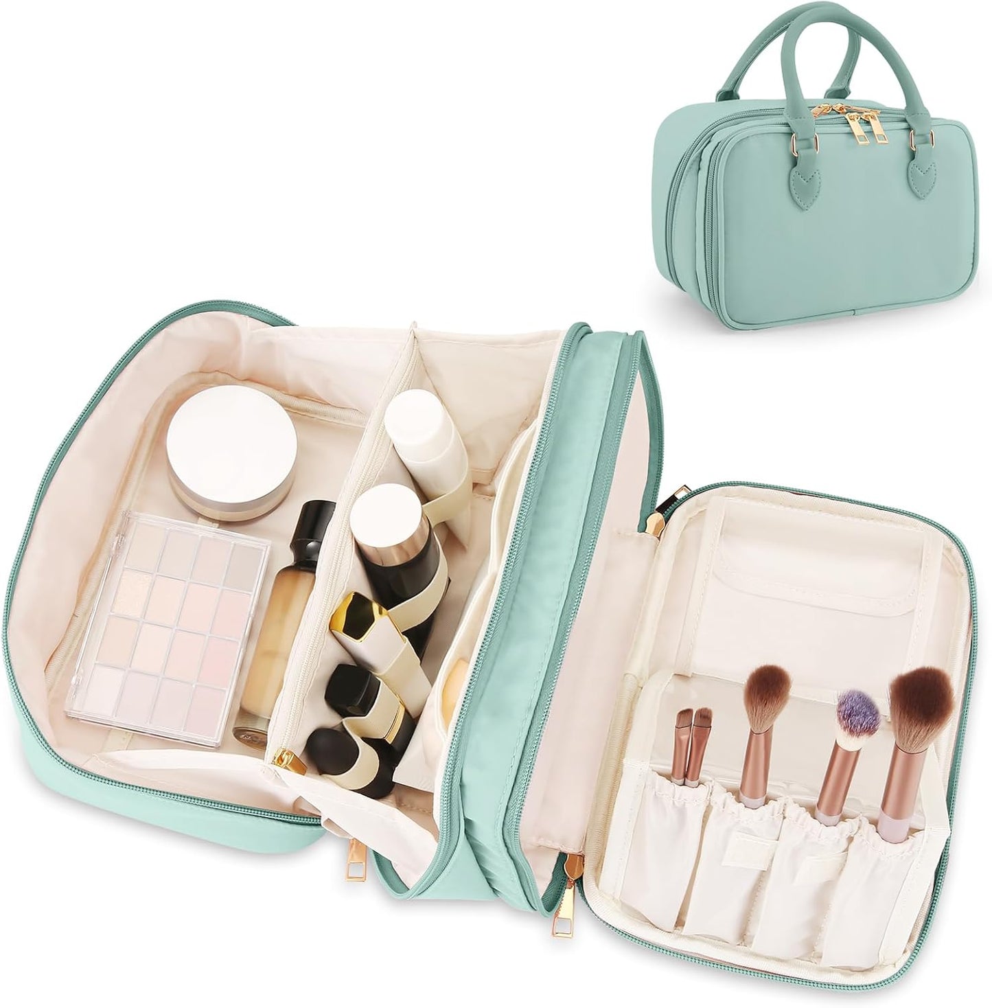 Travel Makeup Bag - Large Capacity Waterproof Organizer | Open Flat Design, Easy Access, Blue