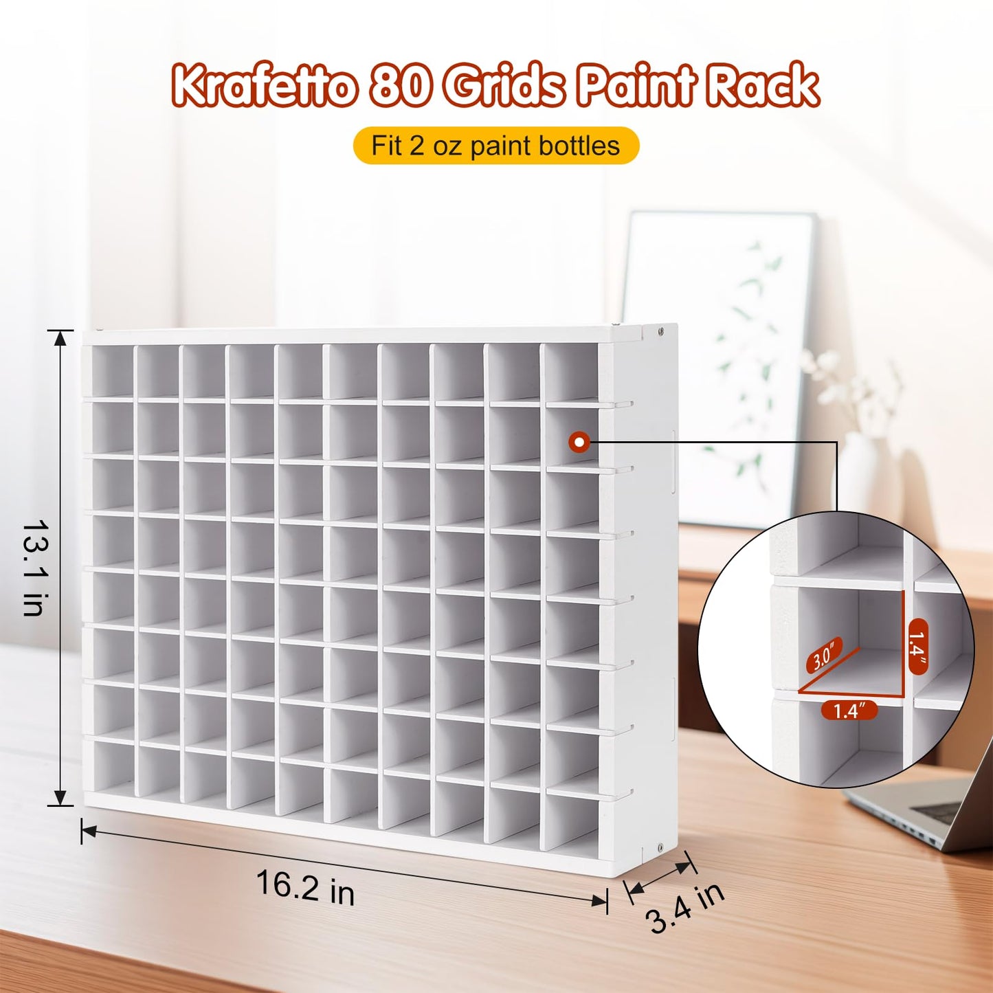 Krafetto 80 Grids Paint Organizer Storage Rack, Wall-mountable Craft Paints Holder, Paint Bottle Organizer Rack Stand for 2 oz Acrylic Craft Paints