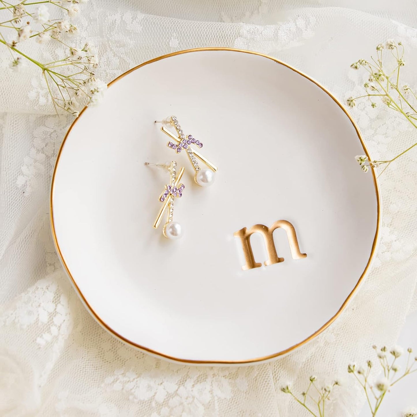 Ceramic Jewelry Tray - Decorative Trinket Dish for Rings, Earrings & Necklaces | 4.75" White Surface