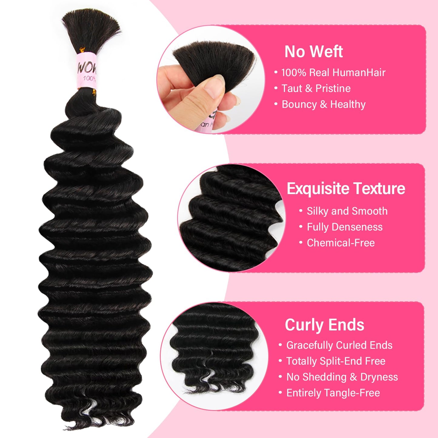 WOWANGEL Human Braiding Hair for Boho Braids, Natural Black, 20 Inch