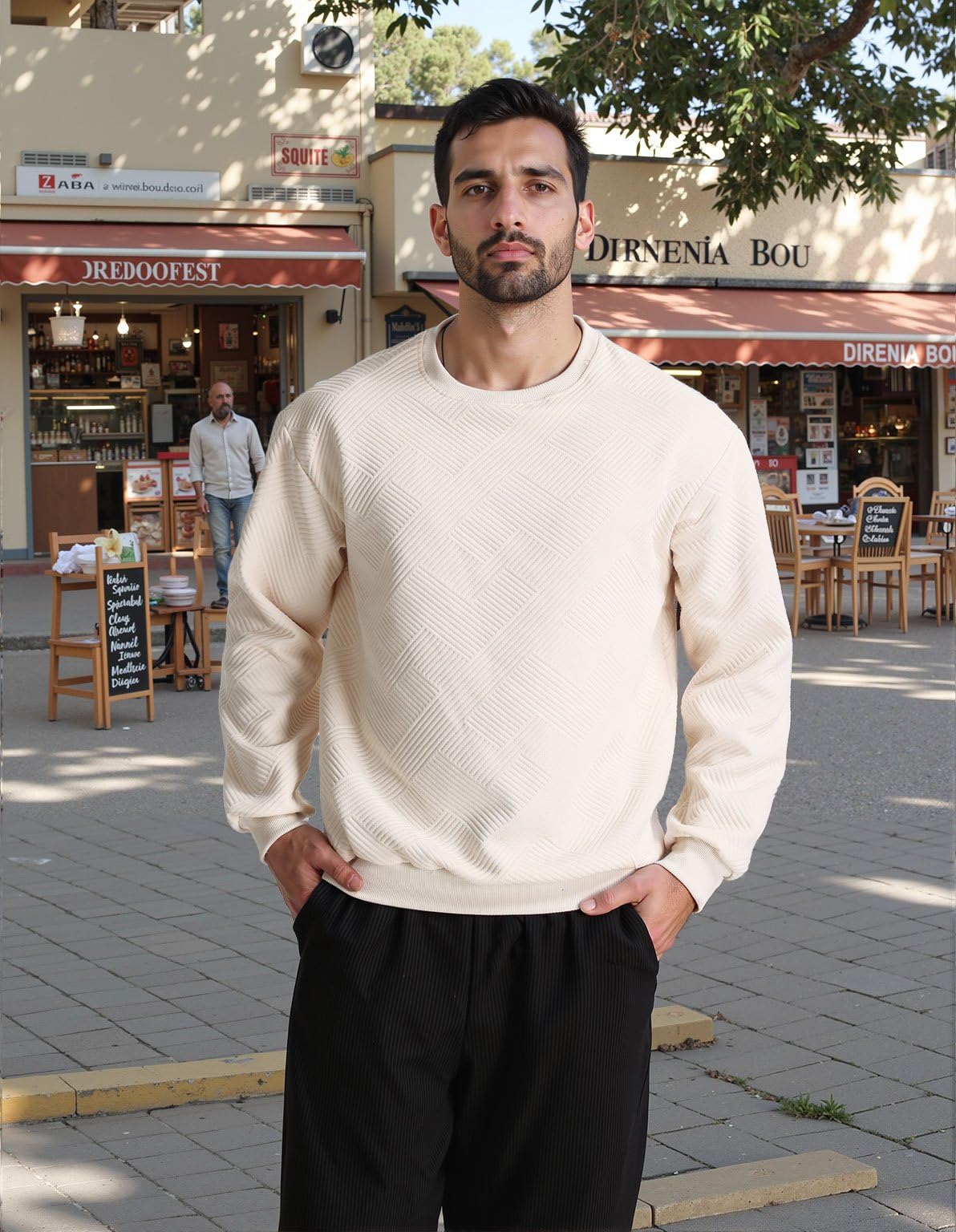 LUYIJIESHENG Men's Apricot Crewneck Long Sleeve Basic Pullover Sweatshirt Soild Color Geometric Texture Casual Crewneck Sweatshirts S