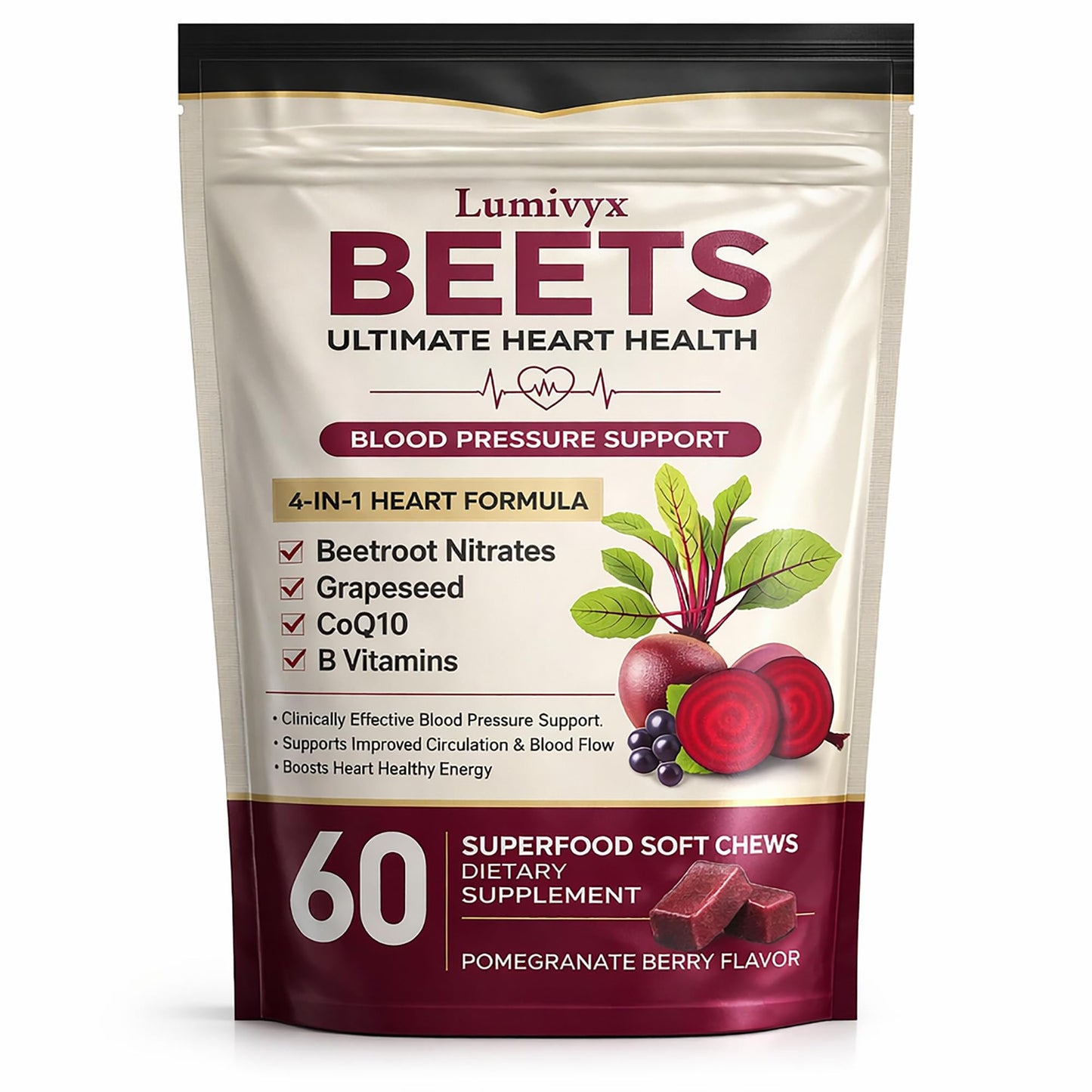 Jqewlg Lumivyx Beet Chews - Beetroot with Grape Seed Extract & CoQ10, Nitric Oxide Support Formula for Circulation & Daily Energy, Pomegranate Berry Flavor, Non-GMO, Gelatin-Free - 60 Chews