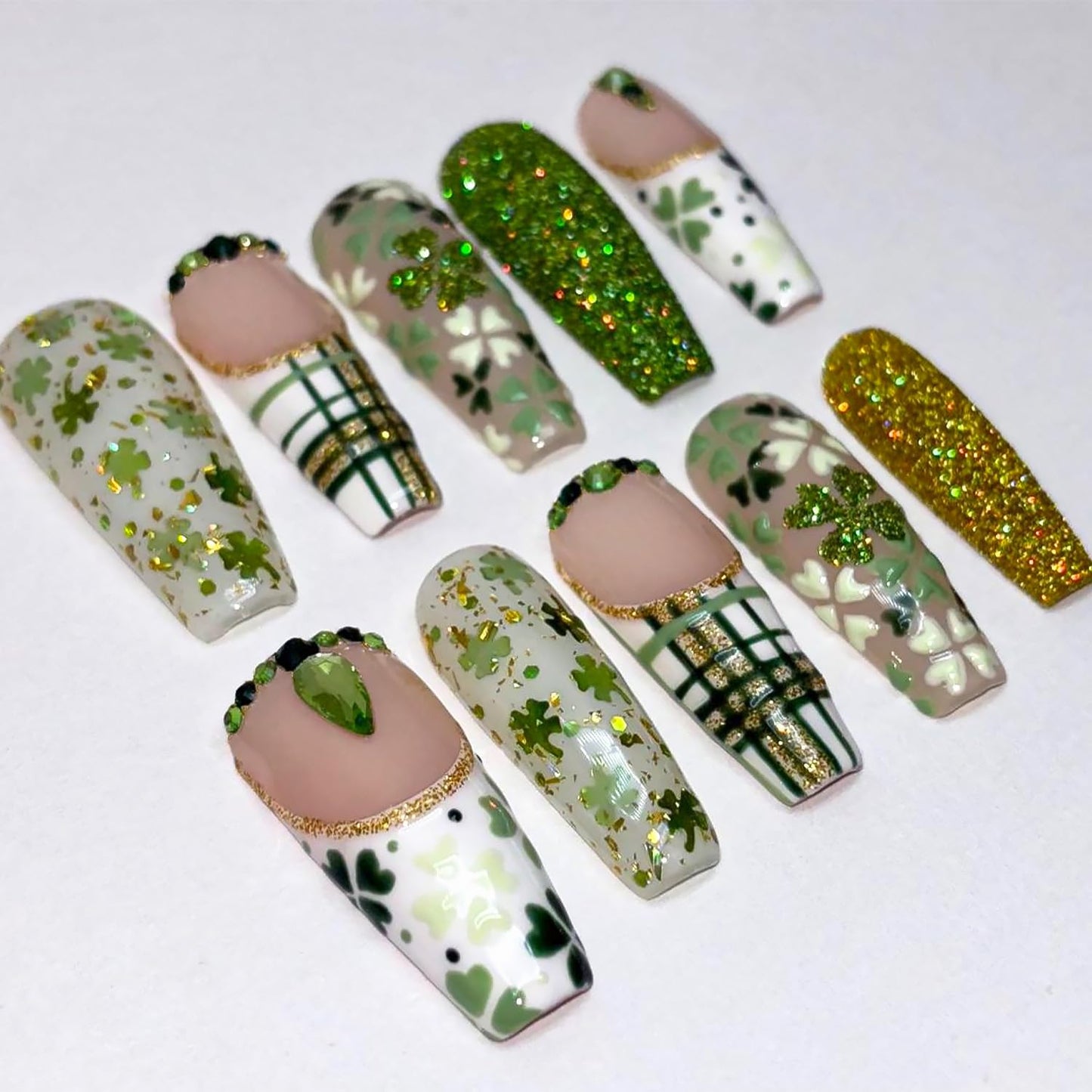 French Tip Press-On Nails - Short Square Floral Design with 3D Rhinestones | 24 Pcs Glossy Acrylic Set