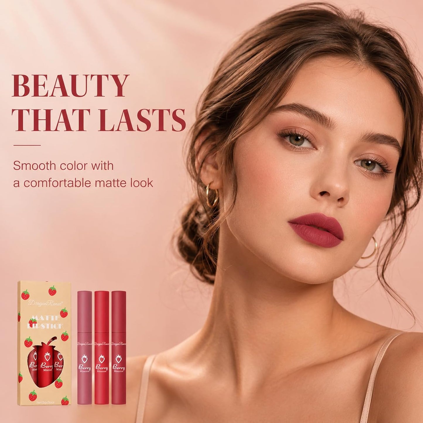 Dark Red Matte Lipstick Set - Long-Lasting Velvet Crayon Lip Stain | 3 Pcs, 24-Hour Waterproof Wear