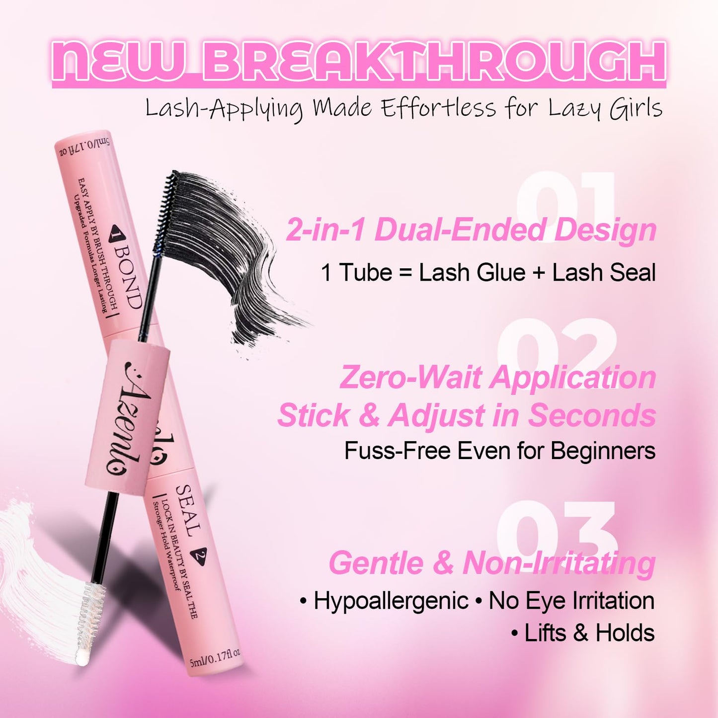 Azenlo 2-Pack Cluster Lash Bond and Seal Glue - Dual-Ended Waterproof Latex-Free Lash Adhesive for Lash Extensions, Strong Hold All-Day Wear & Effortless Application for DIY Lash Clusters