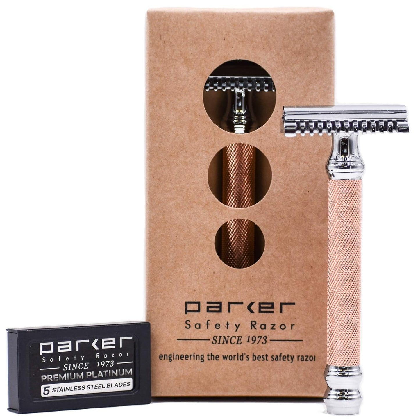 Parker Open Comb Double Edge Safety Razor – Heavyweight Chrome Handle for Closer Shaves – Includes 5 Razor Blades – Ideal for Men or Women (Rose Gold)