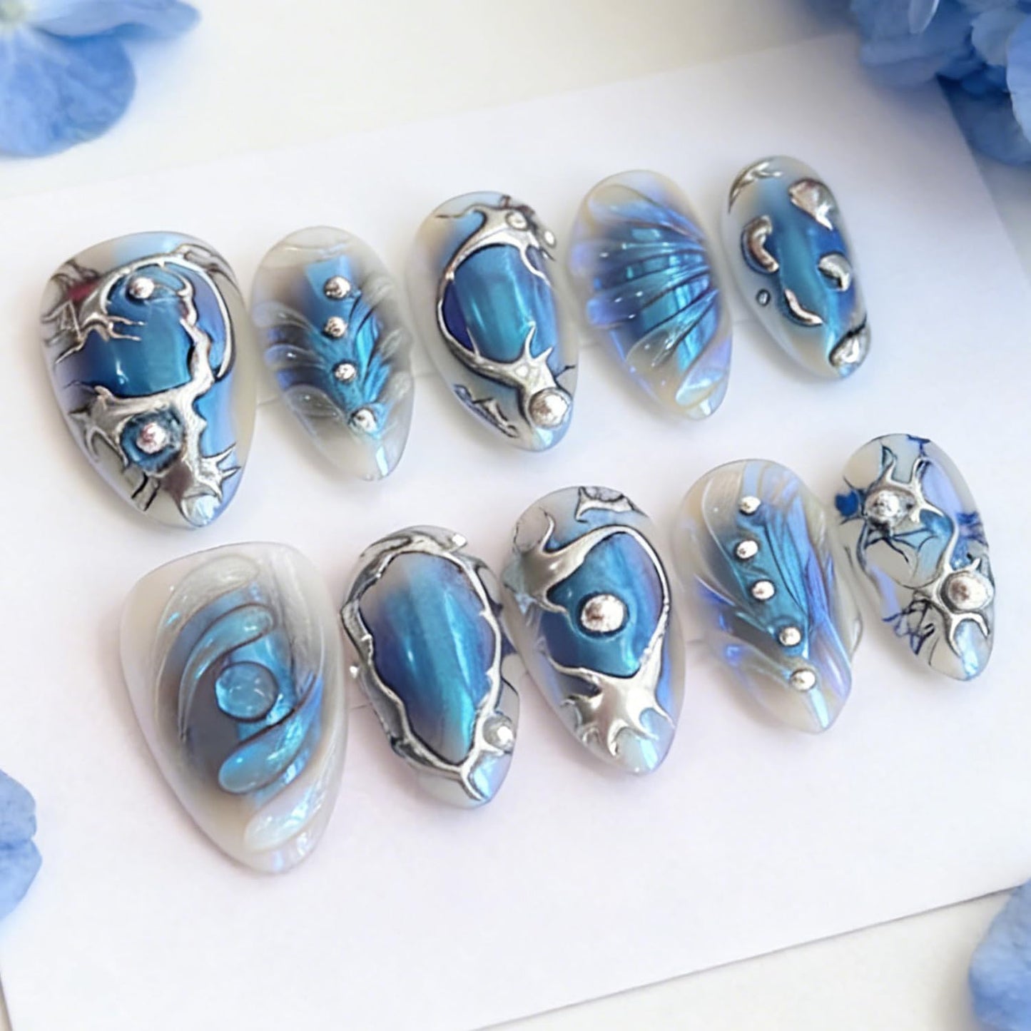 Almond Press-On Nails - 30 Pcs Medium 3D Gold Star Design | Glossy Full Cover Butterfly Acrylics