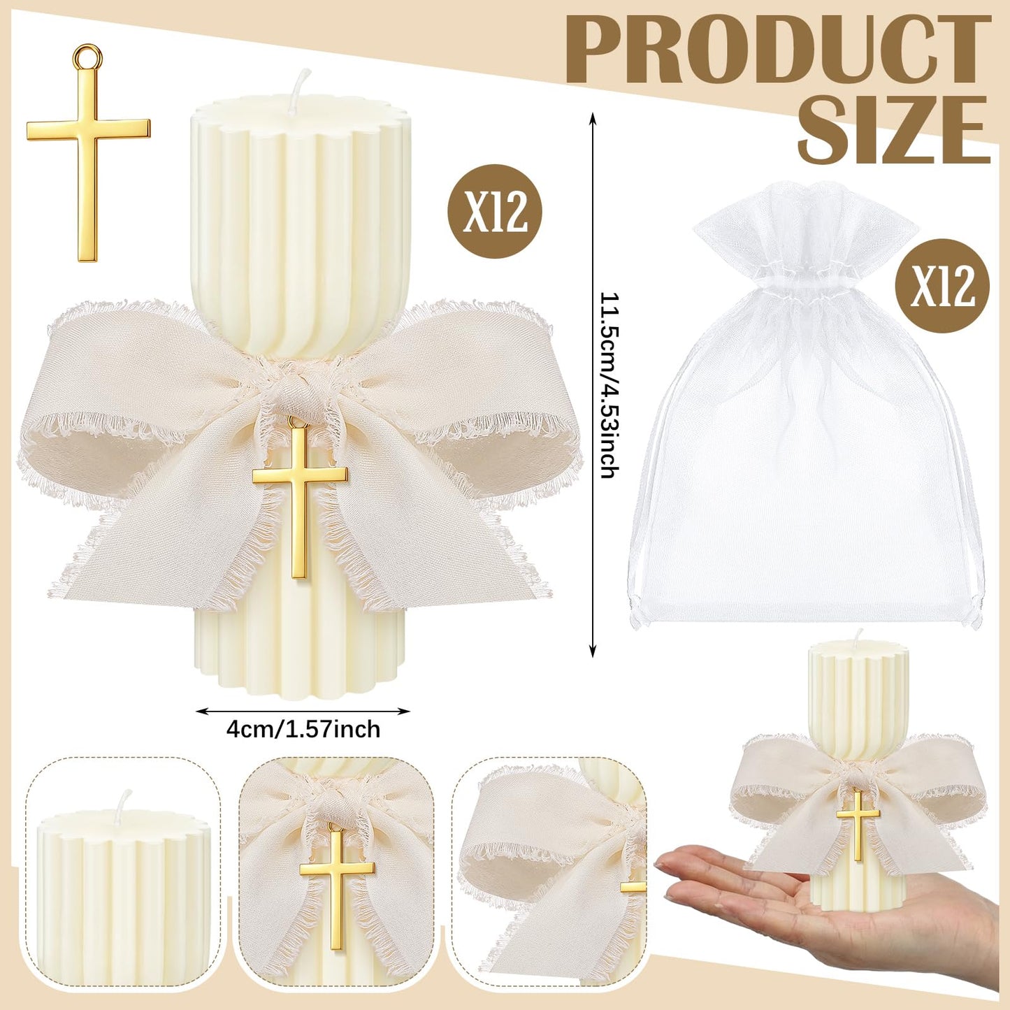 Conelist 12 Set Baptism Candle Cirios Pascual Catolico Catholic First Communion Candles with Bows and Crosses Church Prayer Gifts for First Communion Baby Christening Party Favor, 4.53 x 1.57 Inch