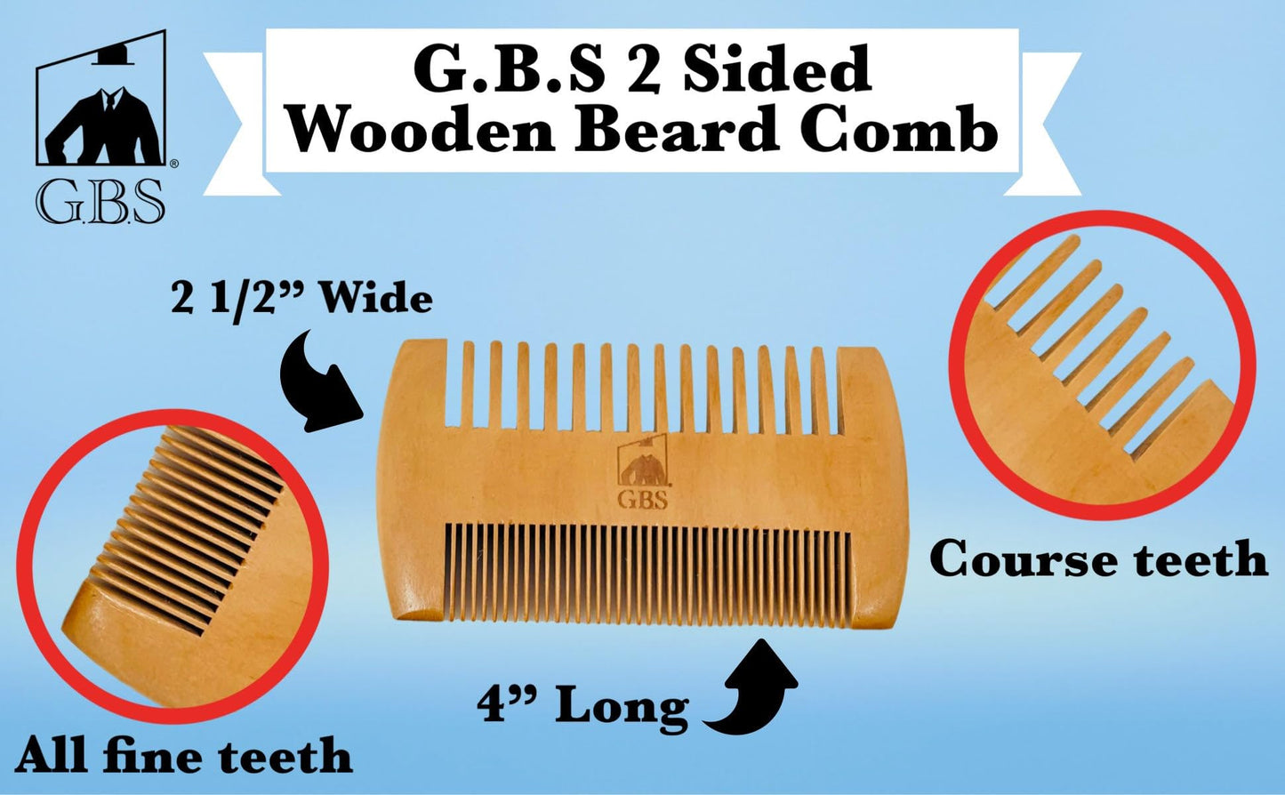 GENTS 2-Sided Wooden Beard & Mustache Comb with Fine & Coarse Teeth for Use with Balms, Wax and Oils - Pocket Sized