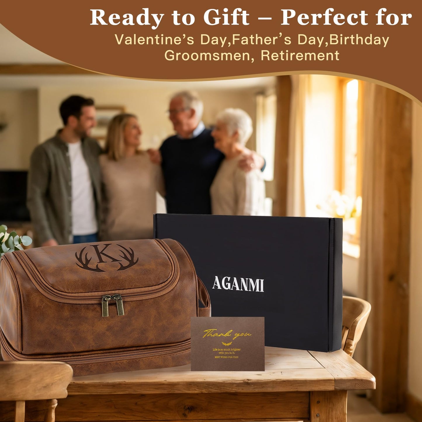 Aganmi Personalized Toiletry Bag Fathers Day Birthday Gifts for Men Dad Husband, Custom Initial PU Leather Waterproof Toiletry Organizer Dopp Kit Shaving Bag Travel Essential for Men (Light Brown J)