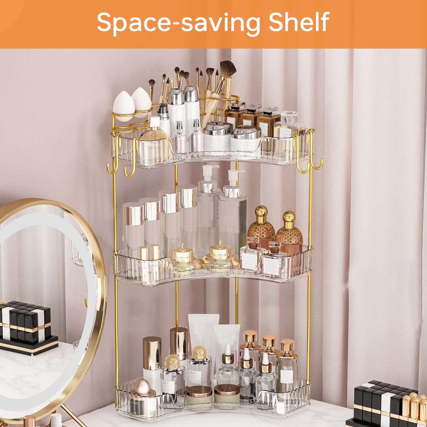 Greenby 3-Tier Corner Bathroom Counter Organizer，Makeup & Skincare Shelf with Built-in Brush Holder，Space-Saving Bathroom Countertop Organizer for Skincare, Perfume, Cosmetics(Clear)