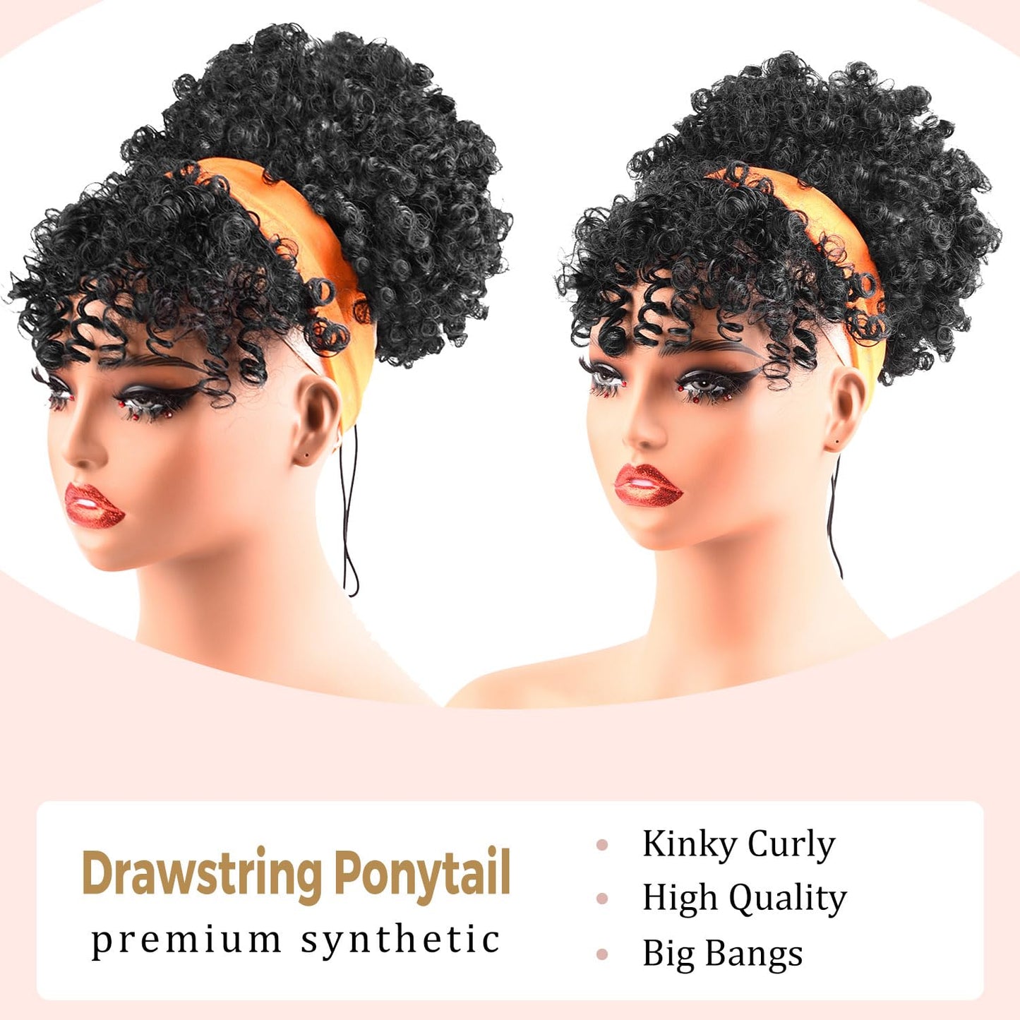 Drawstring Ponytail for Black Women - Kinky Curly Afro Puff Hair Extension with Bangs | Natural Updo Wig