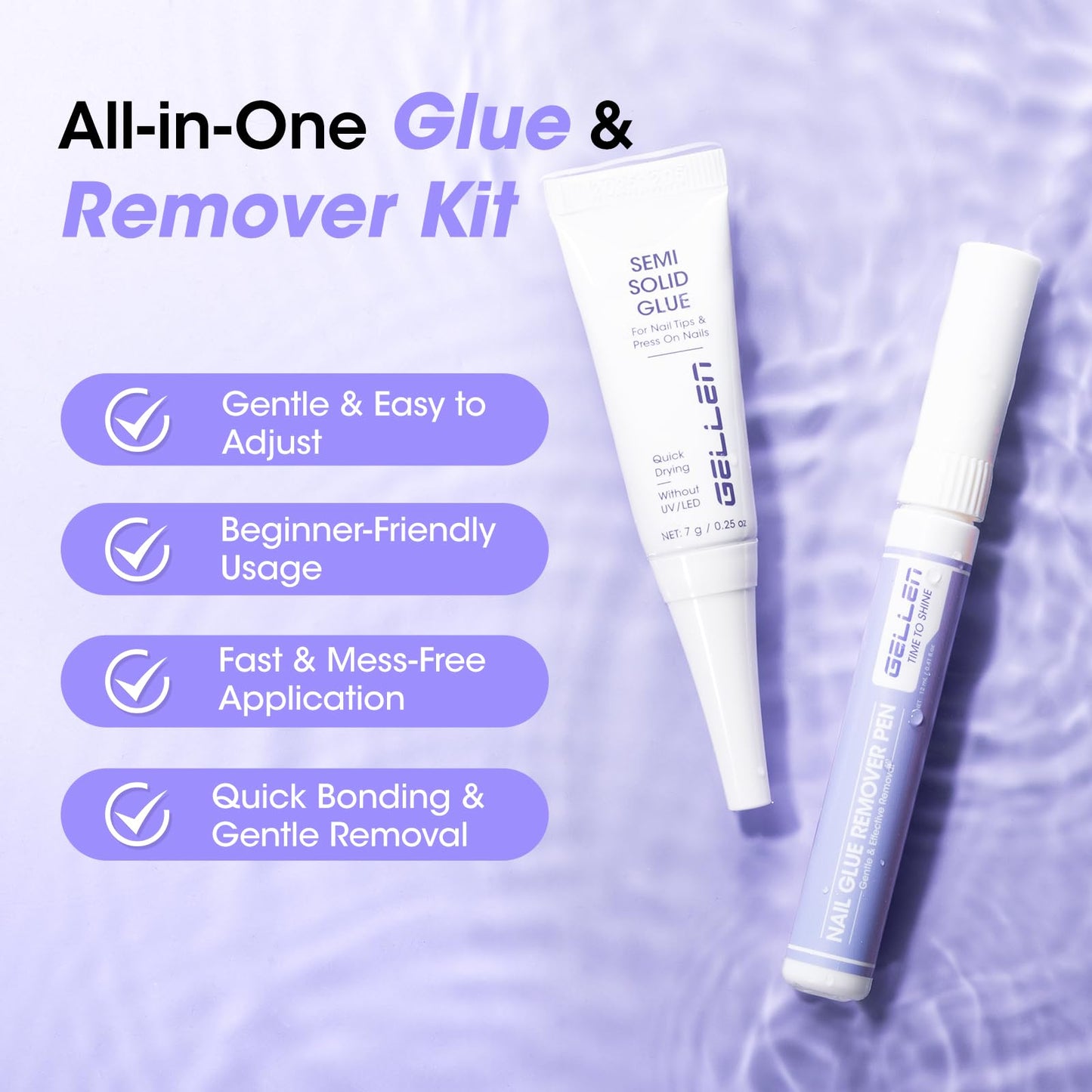 Gellen Semi Solid Nail Glue & Glue Remover for Press ons, Quick Dry Lamp-Free Nail Gel Glue for Nail Tips, Non-Acetone Nail Glue Remover Pen with Precision Nozzle, Safe & Gentle Formula