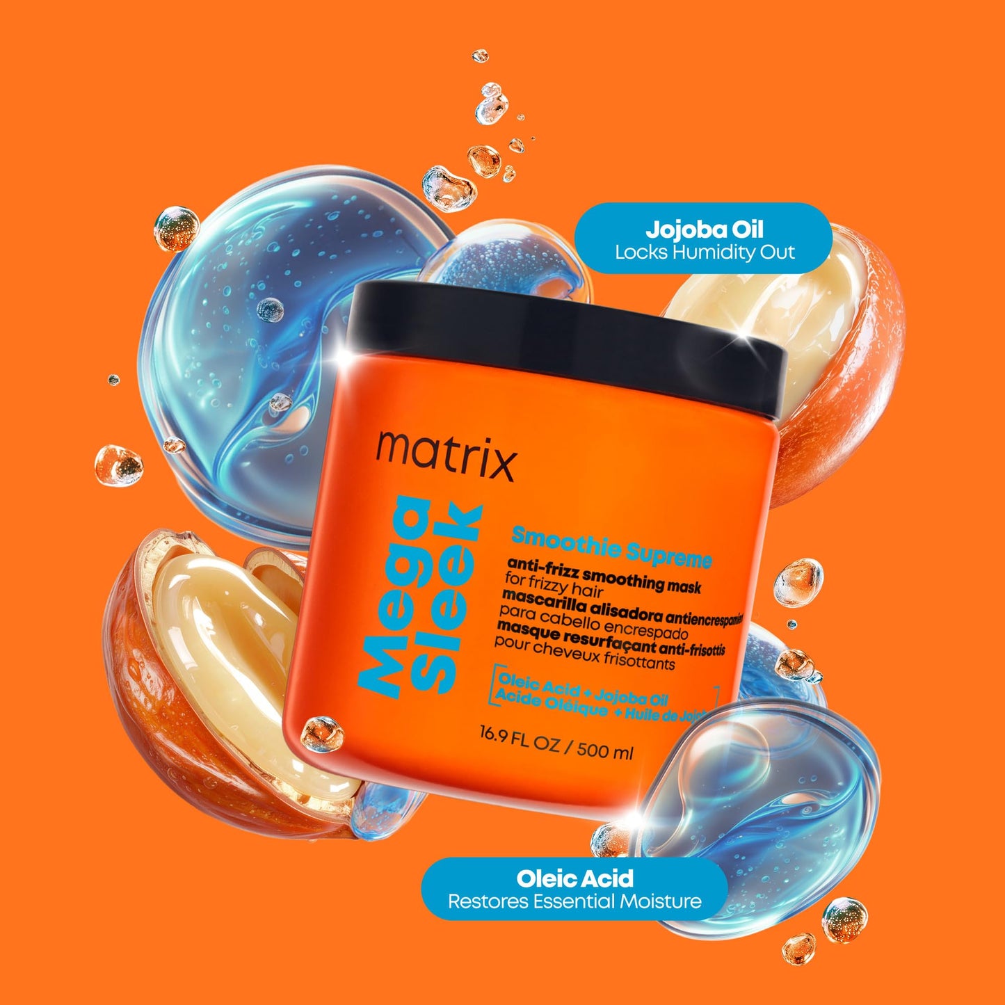 Matrix Mega Sleek Smoothie Supreme Mask - 96H Frizz Control, 12x Hydration, and Enhanced Shine, 16.9 Fl Oz