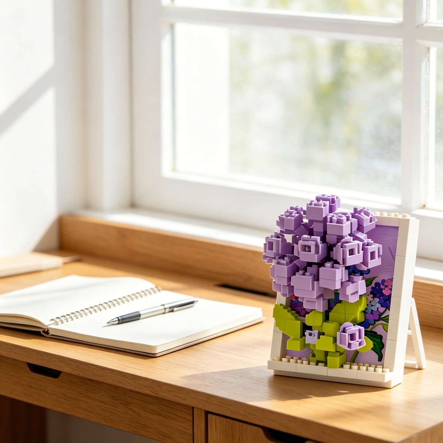 Framed Purple Hydrangea Hand-Assembled Figurine, Mini Flower Wall/Desk Decor, Hydrangea Theme Collectible Statue for Home Office