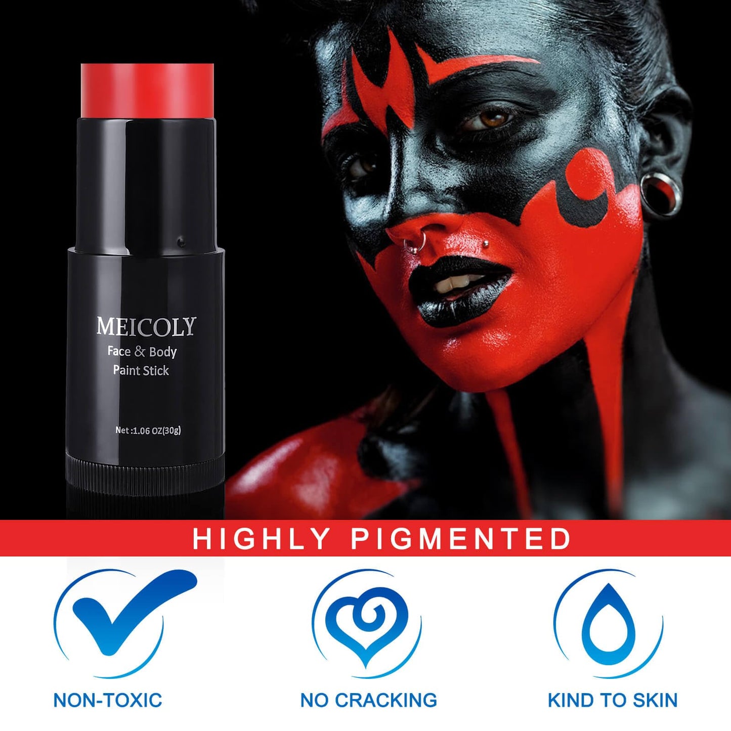 MEICOLY Devil Red Face Body Paint Stick (1.06 Oz),Sweatproof Waterproof Face Piant for Clown Joker Demon Vampire Spiderman Halloween Makeup,Cream Blendable Full Body Paint,Red Eye Black Stick