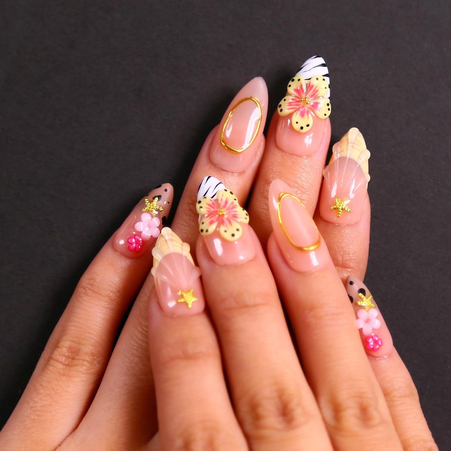 Press On Almond Nails - Handmade 3D Design, Thick Acrylic Gel | Reusable DIY Artificial Nails for Women (10 Pieces)