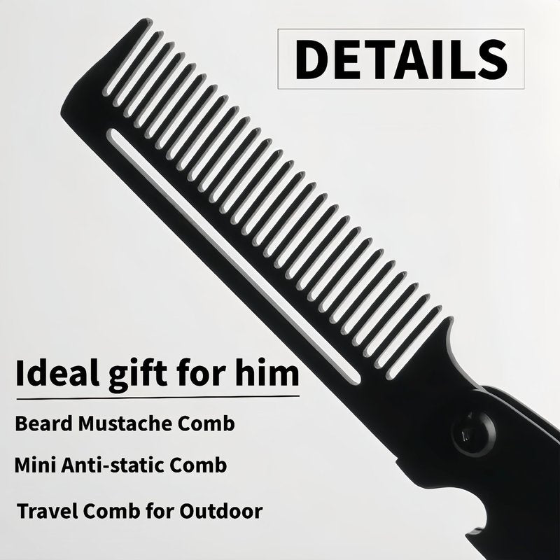 Men's Metal Folding Pocket Beard & Mustache Comb, EDC Knife Comb with Bottle Opener for Outdool Travel - Anti-Static for Hair Styling Pompadour, Slicked-back, Fauxhawk, Undercut - Black