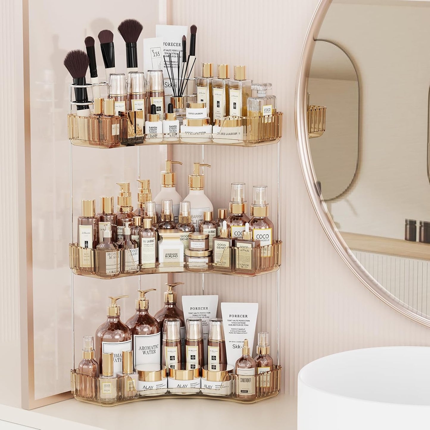 2-Tier Corner Bathroom Counter Organizer - Clear Makeup & Skincare Holder | Toothbrush & Brush Storage