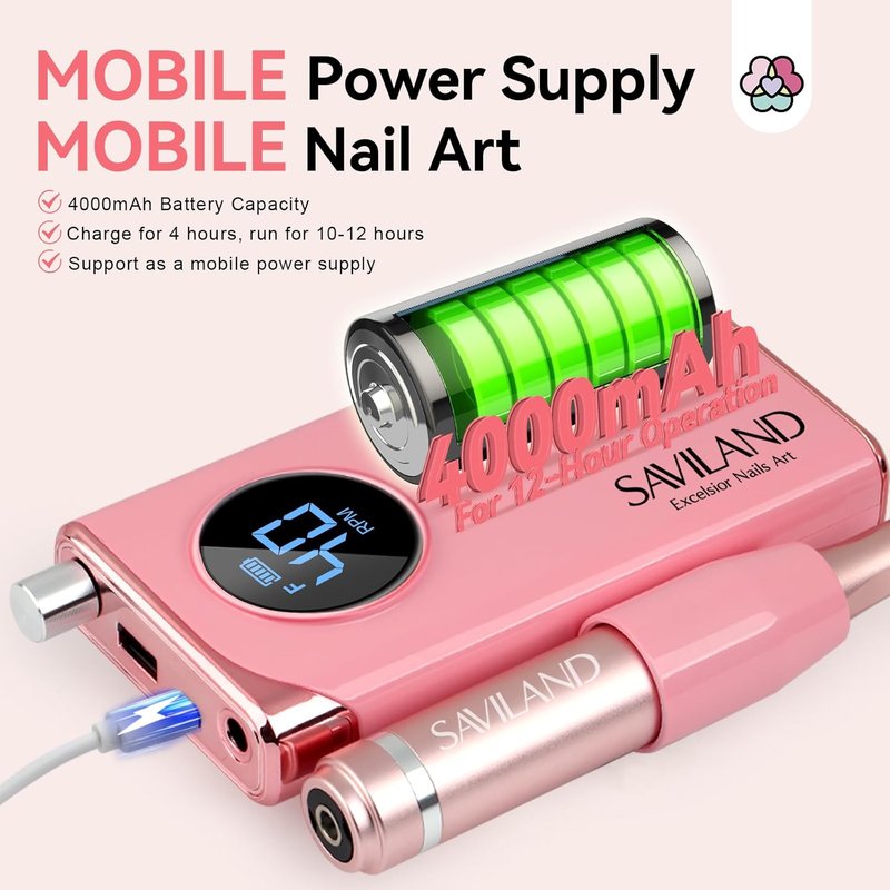 SAVILAND Professional Nail Drill - 40000RPM Rechargeable Electric Filer Kit with 6000mAh Battery for Acrylic Nails | Pink