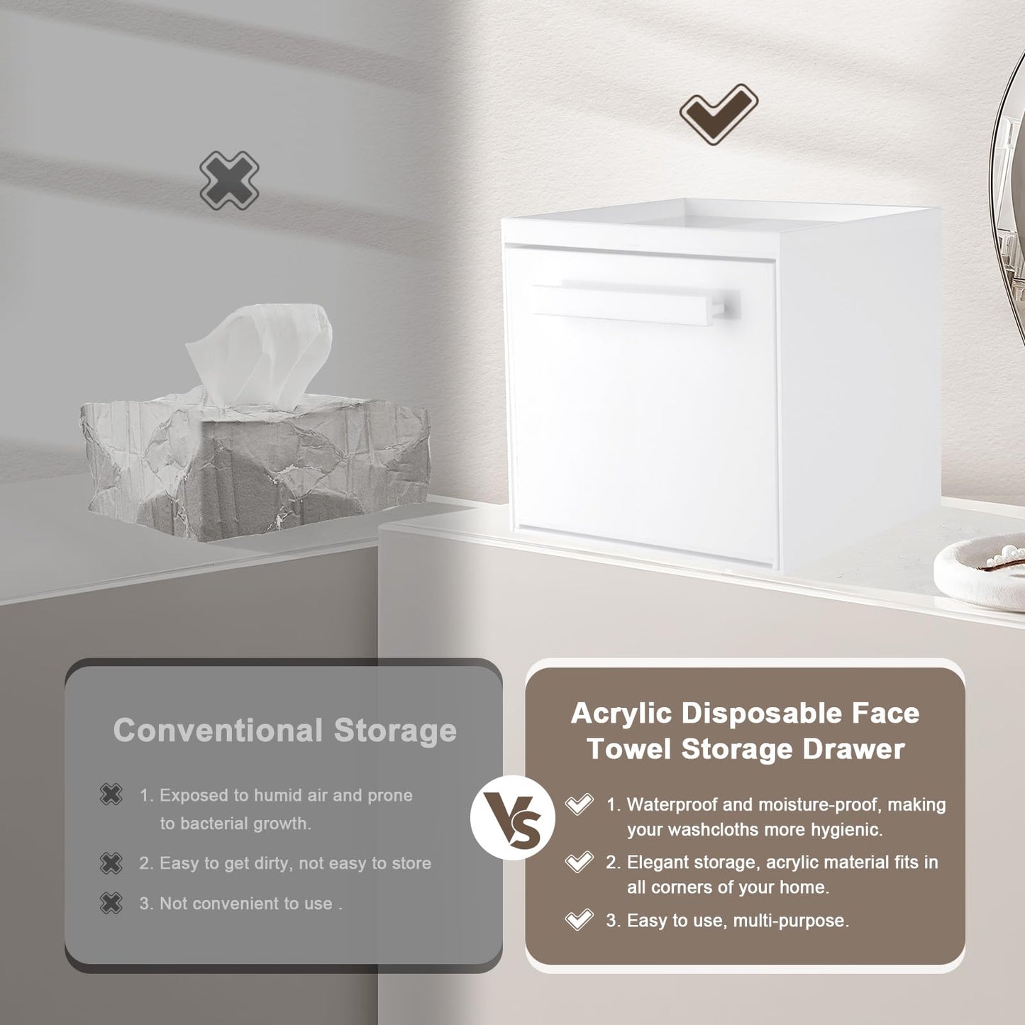 TAINESS Disposable Face Towel Storage Box Compatible with Clean Skin Club Clean Towel XL Acrylic Facial Towels Holder with Drawer Wall-Mounted Makeup Organizer for Vanity, Bathroom (Glossy White)