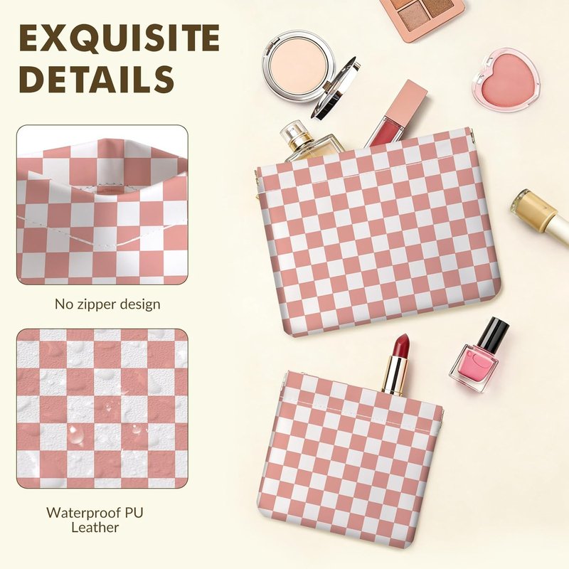 Makeup Bag Set - 2PCS PU Leather Cosmetic Organizer for Purse | Portable Self-Closing Toiletry Pouch - Pink Checkered