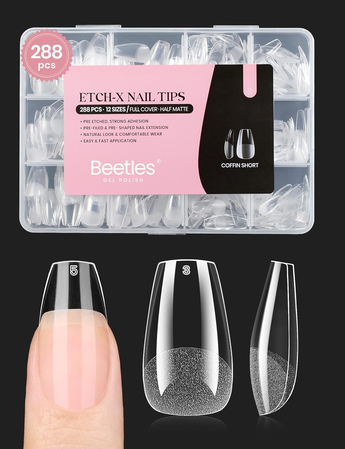 Coffin Gel Nail Tips | Medium Half Matte Press-On Nails - 288 Pcs, 12 Sizes for Easy DIY Manicure