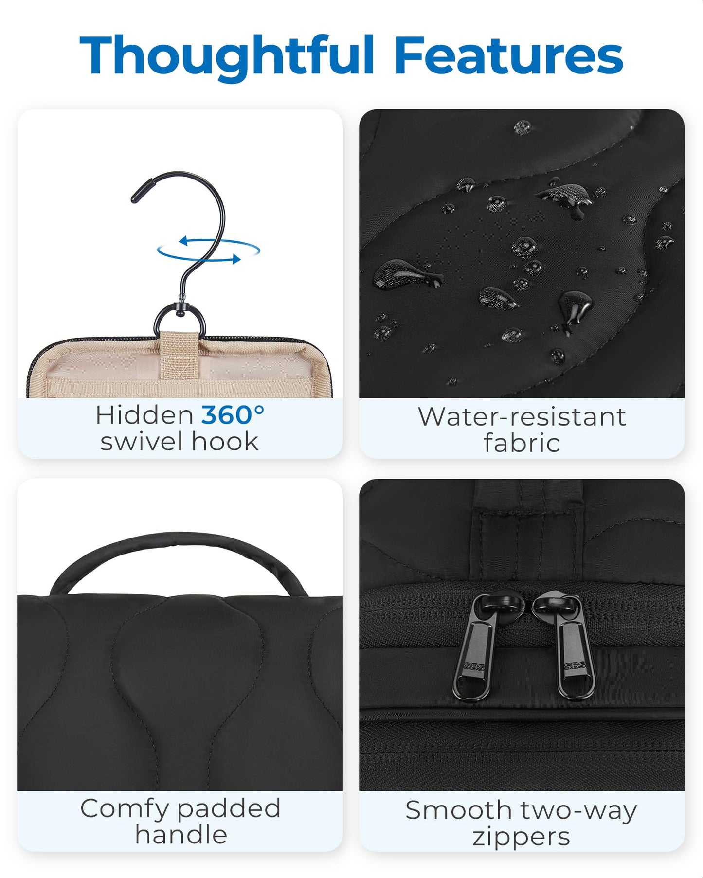BAGSMART Travel Toiletry Bag for Women, Puffy Hanging Toiletry Bag with Hook, Water-resistant Toiletry Organizer for Full Sized Toiletries, Black