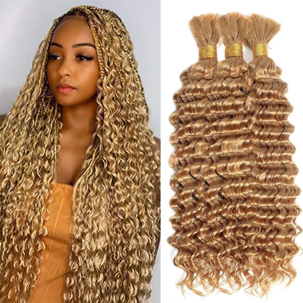 Honey Blonde Human Braiding Hair for Boho Braids 20 20 20 Inch Color 27 Deep Wave Bulk Hair No Weft #27 Blonde Curly Human Hair Extensions for Braids 3 Bundles 150g