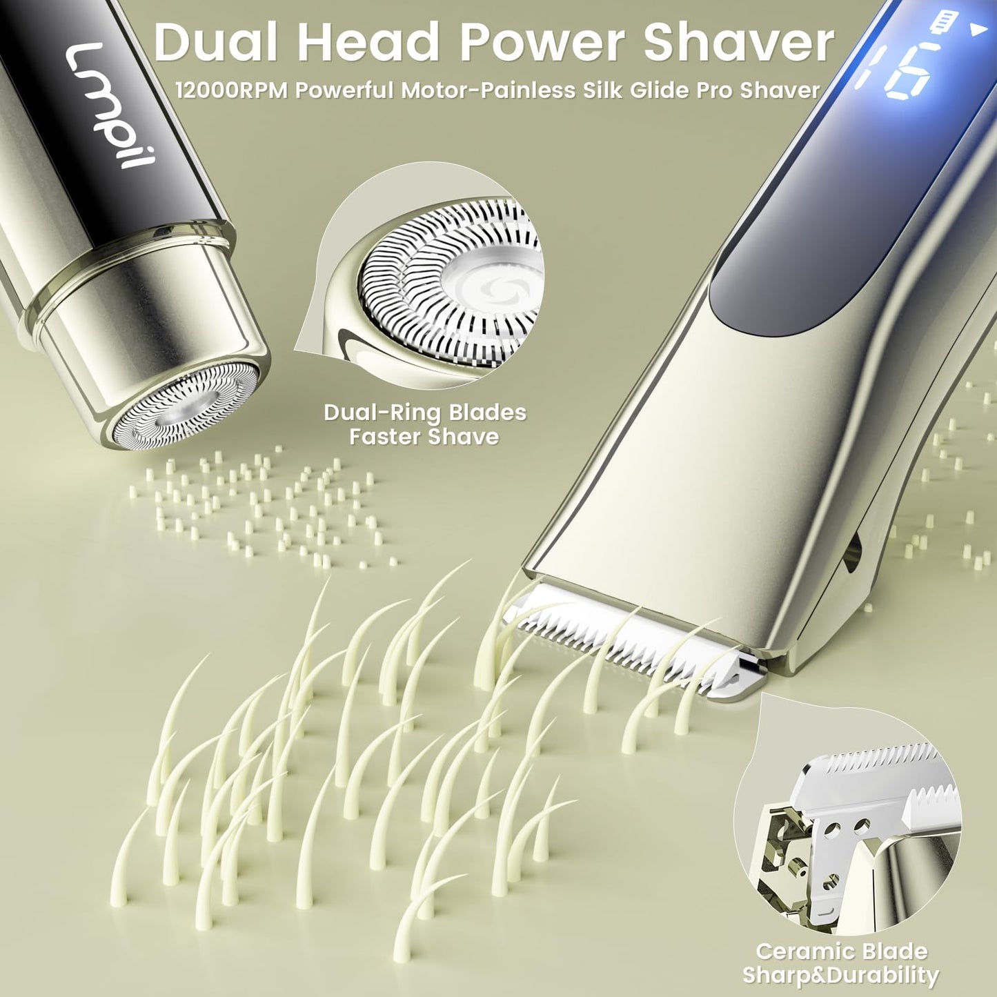 Bikini Trimmer for Women, 2-in-1 Electric Razor with Dual Heads, Ceramic Blade, Waterproof & Rechargeable, Painless Pubic Hair Shaver for Bikini, Underarm, Legs, Face | Gift for Her - OliveGreen
