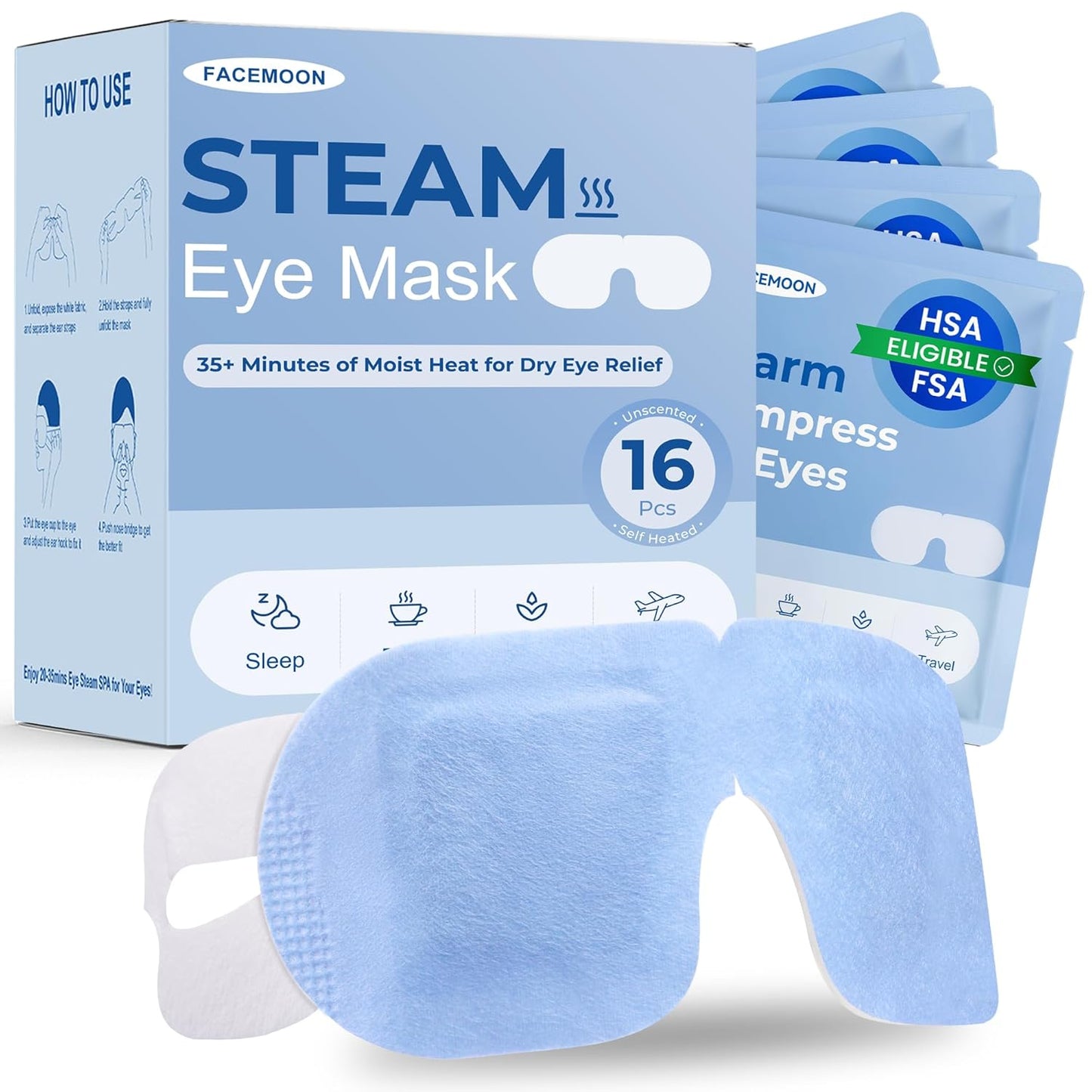 Steam Eye Masks - 16 Pack Self-Heating Warm Compress for Dry Eyes, Stye Relief & Stress Relief | Travel Essential, Unscented