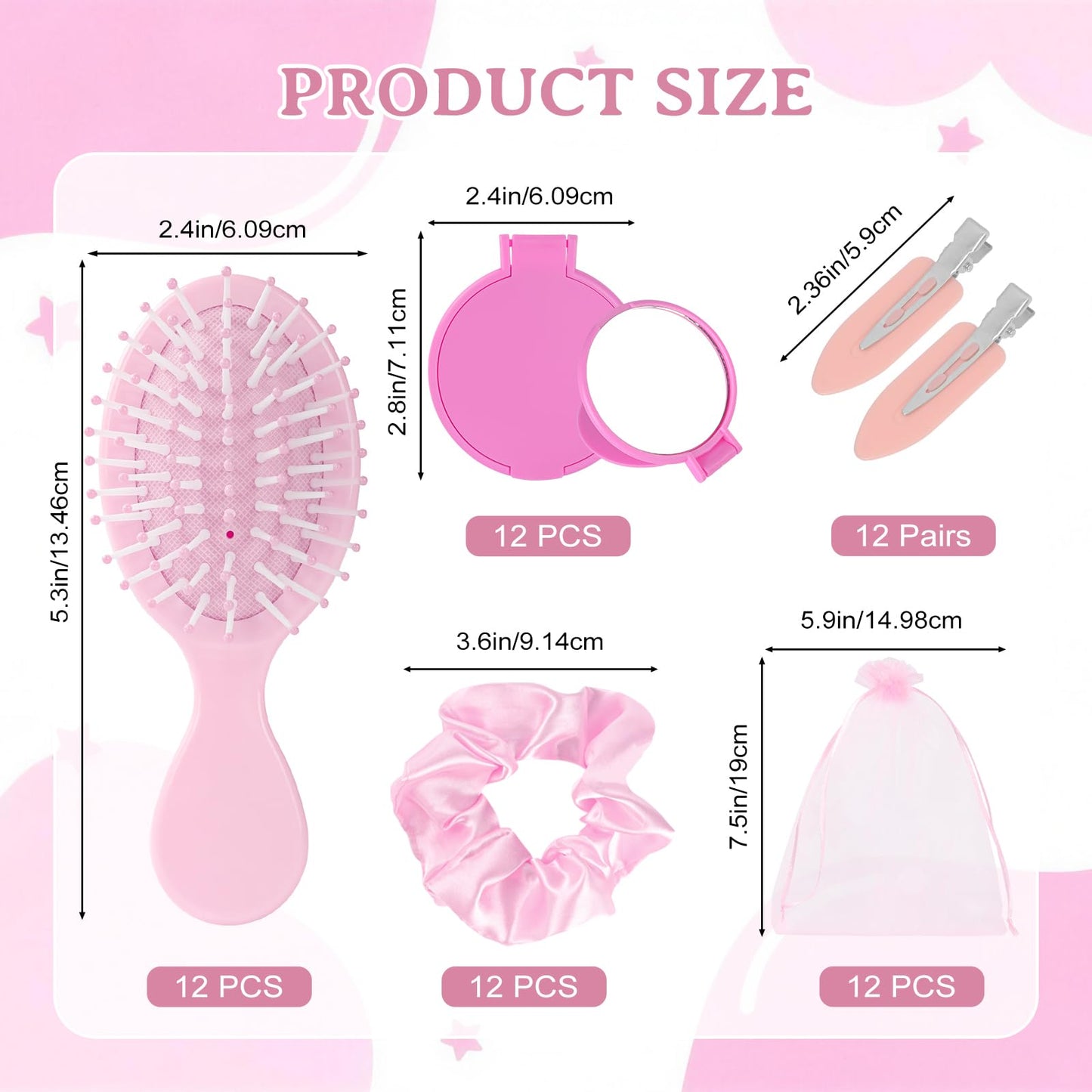 YPJXBEST 60 Pcs Makeup Party Favors, Including Hair Brushes, Elastic Scrunchies, Pocket Cosmetic Mirrors, And Organza Bags, Hair Clips Accessories(pink)