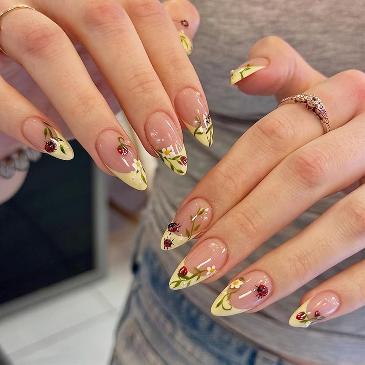 3D Blueberry Flower Press-On Nails - Medium Almond Shape with Pearl & Gold Beads | Reusable Glossy Blue French Tips for Summer Parties