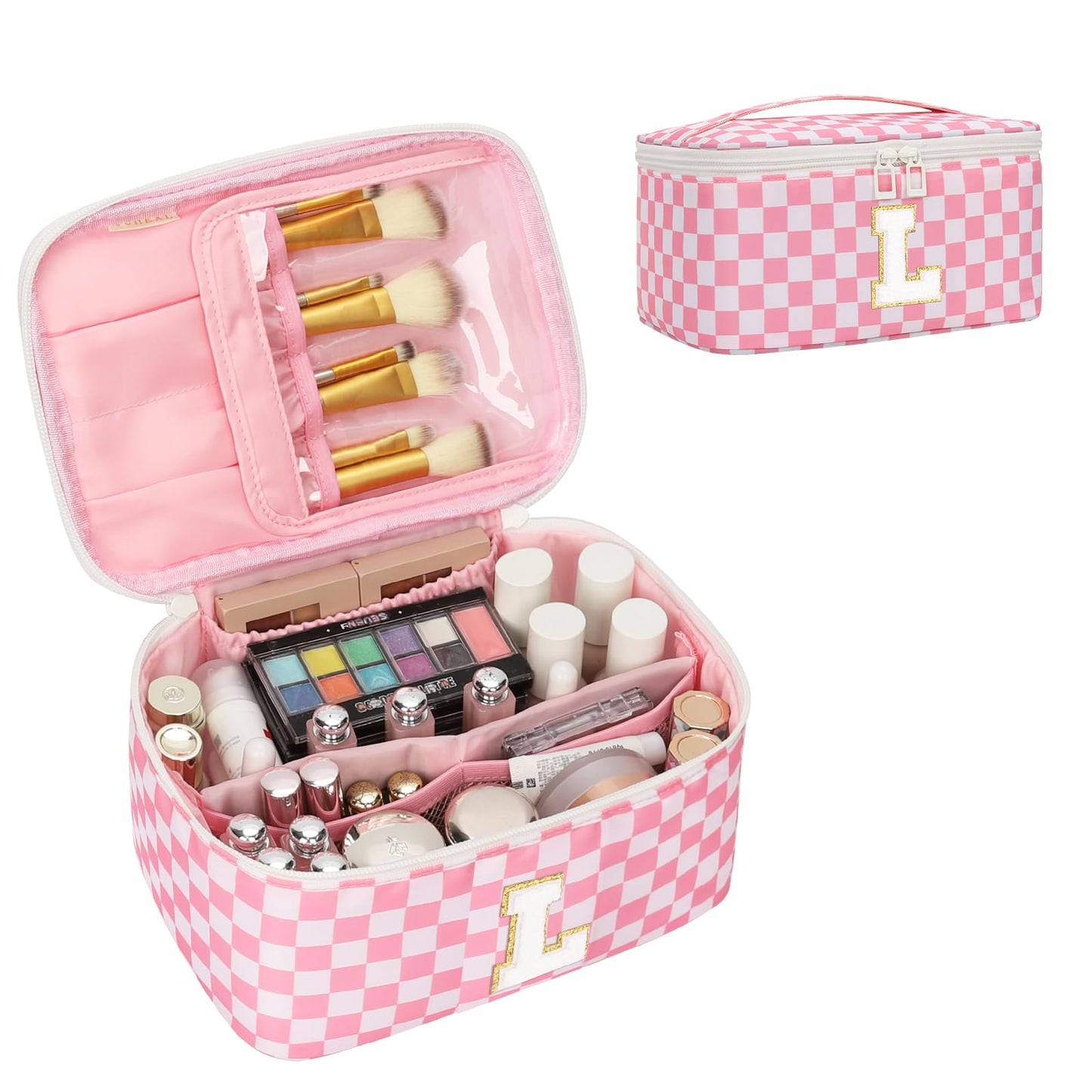 OCHEAL Makeup Bag for Women, Monogram Cosmetic Bag Pink Travel Makeup Case Beauty Toiletry Bag Organizer Personalized Gifts for Girls Bridesmaid, Sister, Wife, Friends Initial L