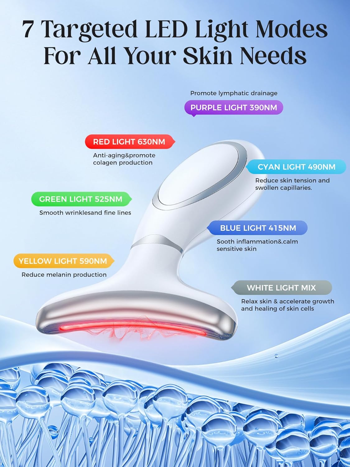 Red Light Therapy Device - Anti-Aging Face & Neck Massager | 7-Color LED Phototherapy, Rechargeable, Firming Tool