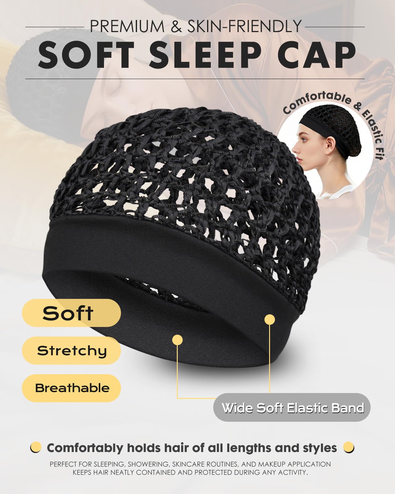 2 Pieces Comfortable Elastic Knit Hair Net for Sleeping & Silk Press - No Red Marks, Tubi Hair Warp Mesh Snood Cap for Women(Black)