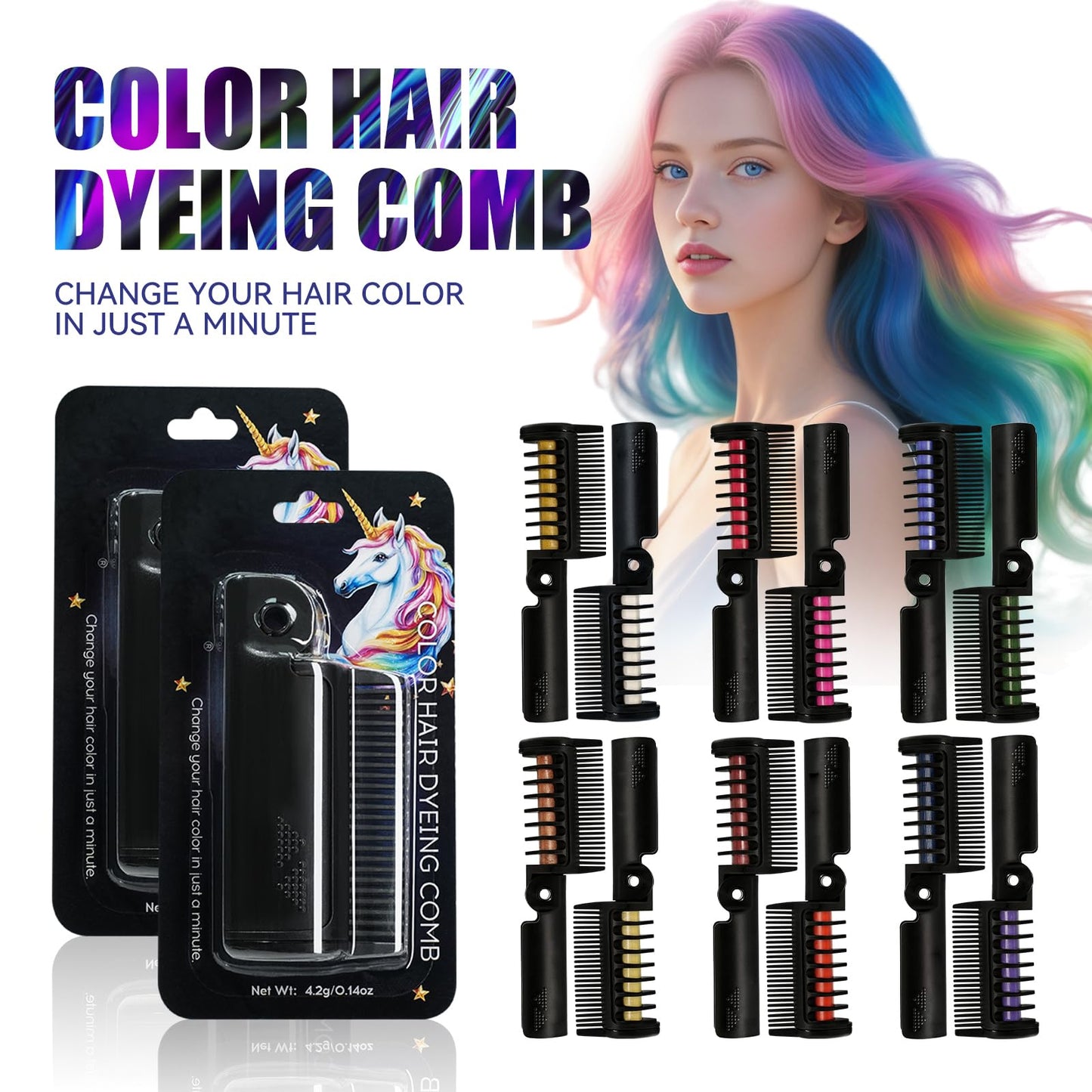 BEUKING Temporary Color Hair Dyeing Comb, Disposable Folding Hair Dye Comb, Washable Highly Pigmented Easy to Dye for Halloween Christmas Festivals DIY Party