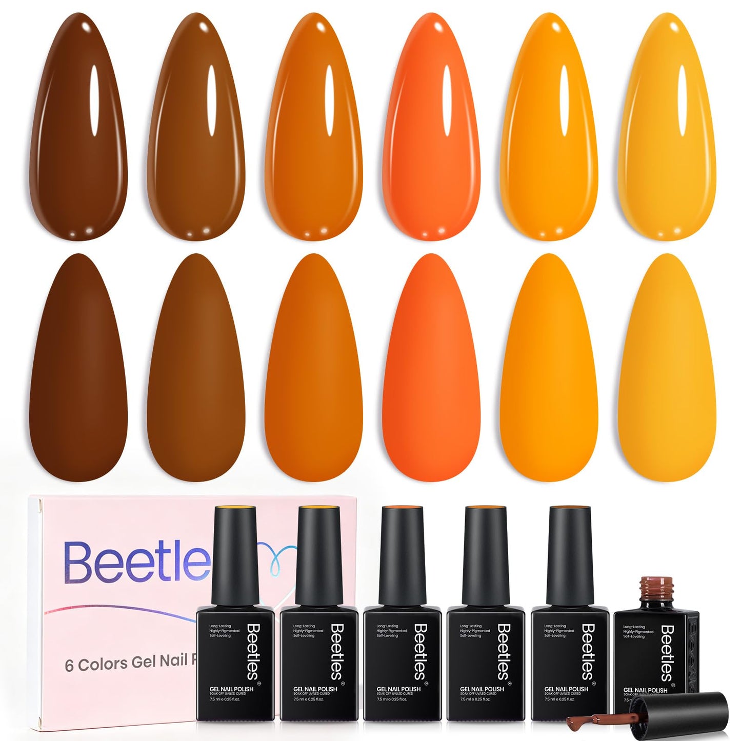 Beetles Fall Gel Polish Set - Maillard Season Collection, 6 Colors Brown Orange Yellow Fall Colors Polish Kit, Soak off Uv Led Lamp Needed Manicure DIY Home