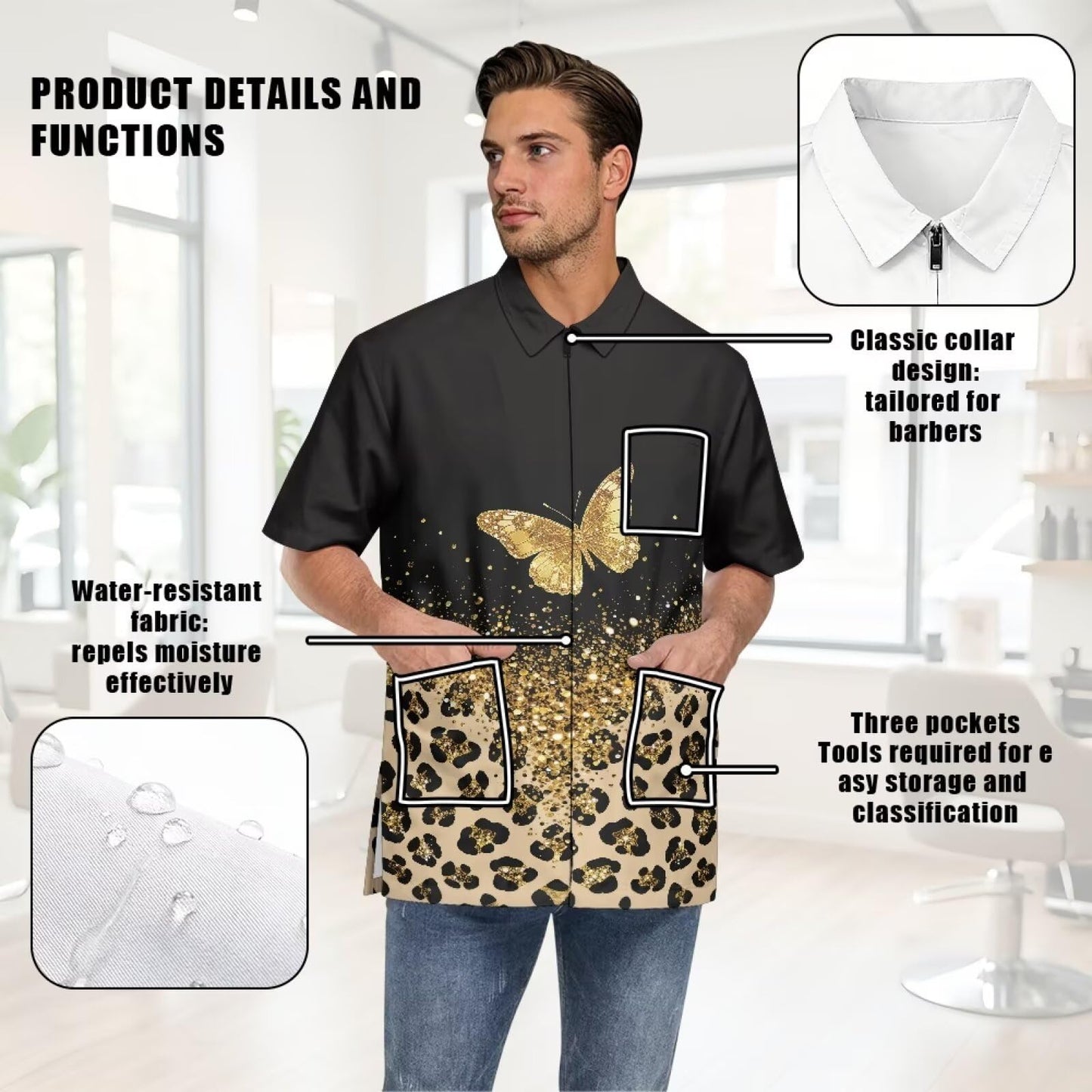 Srengjodk Leopard Print Waterproof Hairstylist Aprons For Women Anti-Static Hair Stylist Apron 3 Pockets Hairdresser Apron, Salon Cosmetology Apron Black Grooming Smocks L 2XL