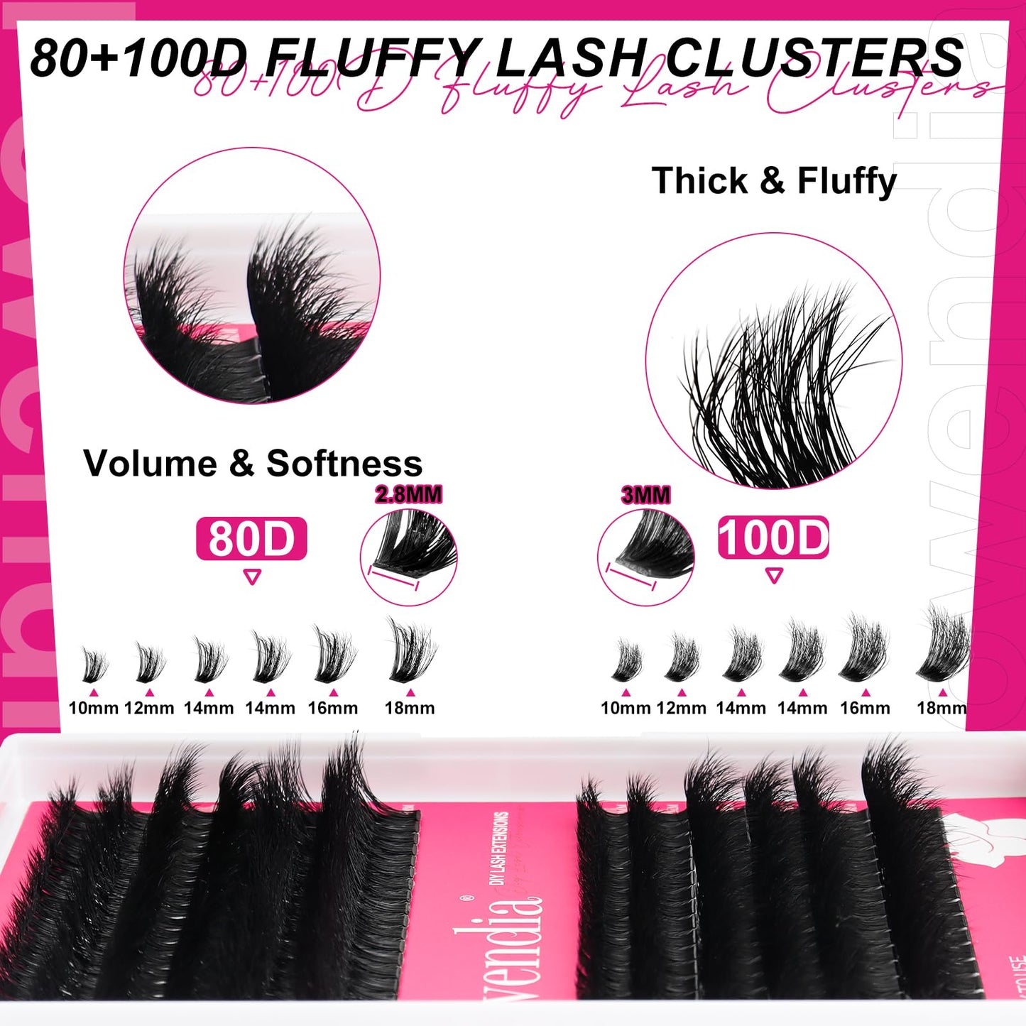 Fowendia Lash Clusters Kit Fluff 80D 100D Individual Lashes D-Curly Cluster Eyelash Extensions 10-18mm DIY Lash Extension Kit Lash Bond and Seal Waterproof, Lash Applicator, Thick False Eyelashes Kit