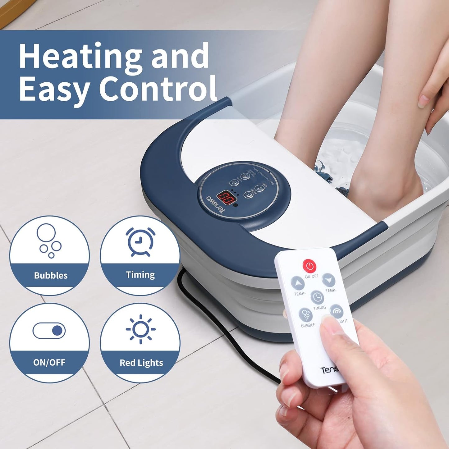 Collapsible Foot Spa Bath Massager - Heated Bubble Soaker with 8 Rollers | Stress Relief & Acupressure Points
