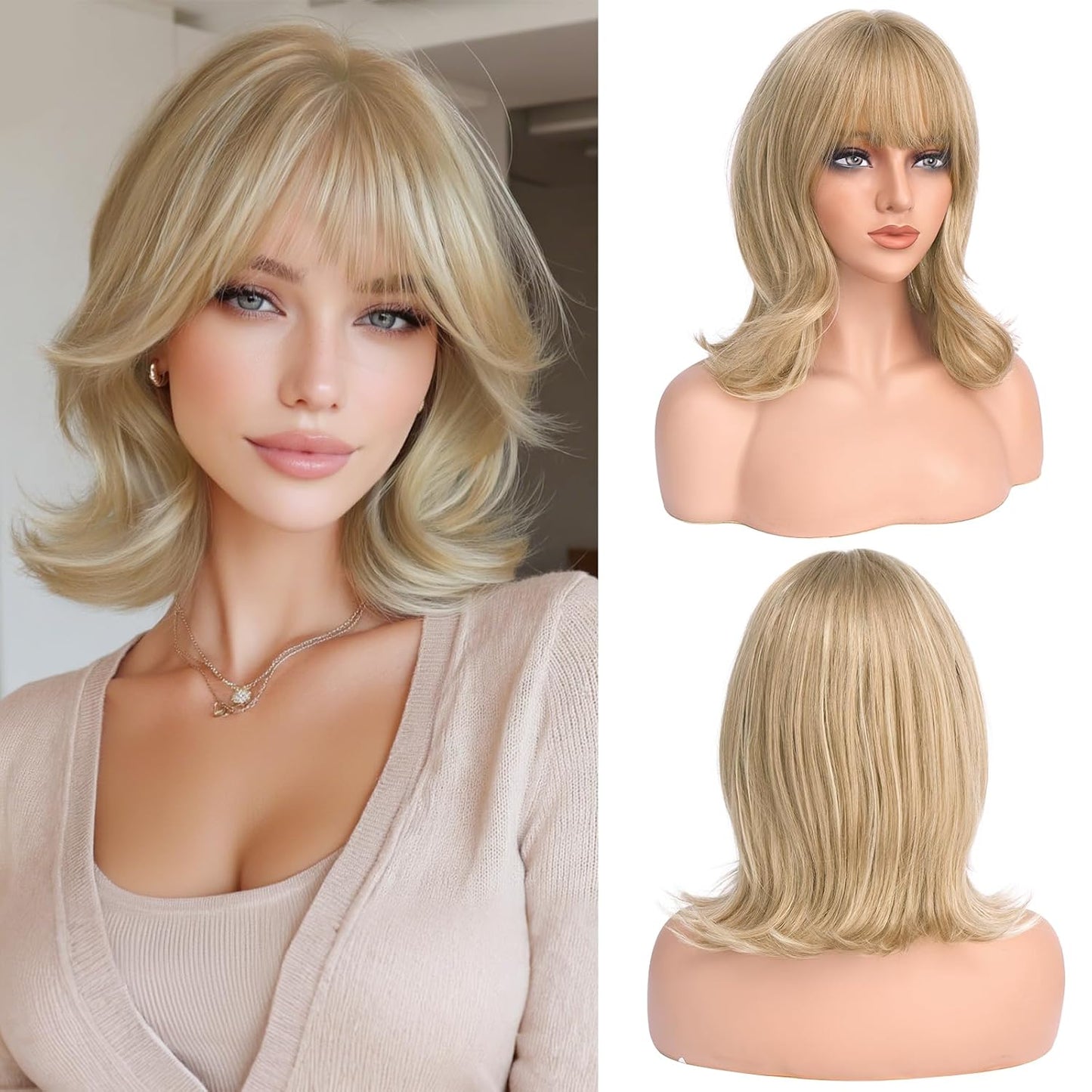 Blonde Short Bob Wig with Bangs - Wavy Layered Synthetic Hair | 14 Inch Dirty Blonde for Women