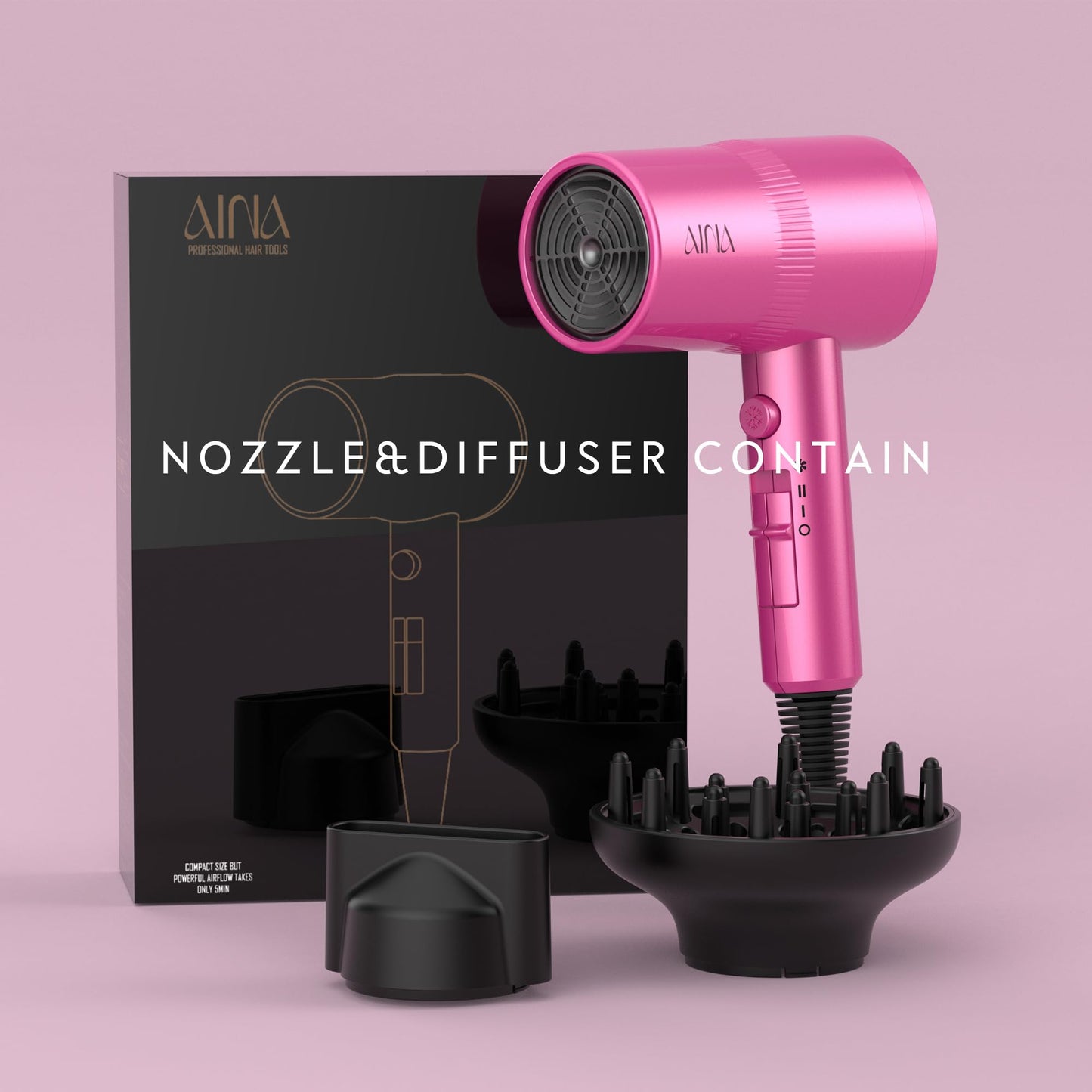 AINA Diffuser Hair Dryer Full-Featured Blow Dryer 110V/1600W(Neon Pink)