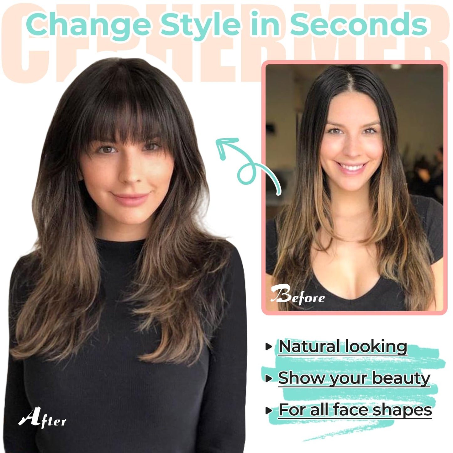 Cephermer Clip in Bangs, Synthetic French Bangs Hair Clip, Fake Bangs Fringe with Temples Hairpieces for Women Natural Curved Hair Extensions for Daily Wear Medium Brown