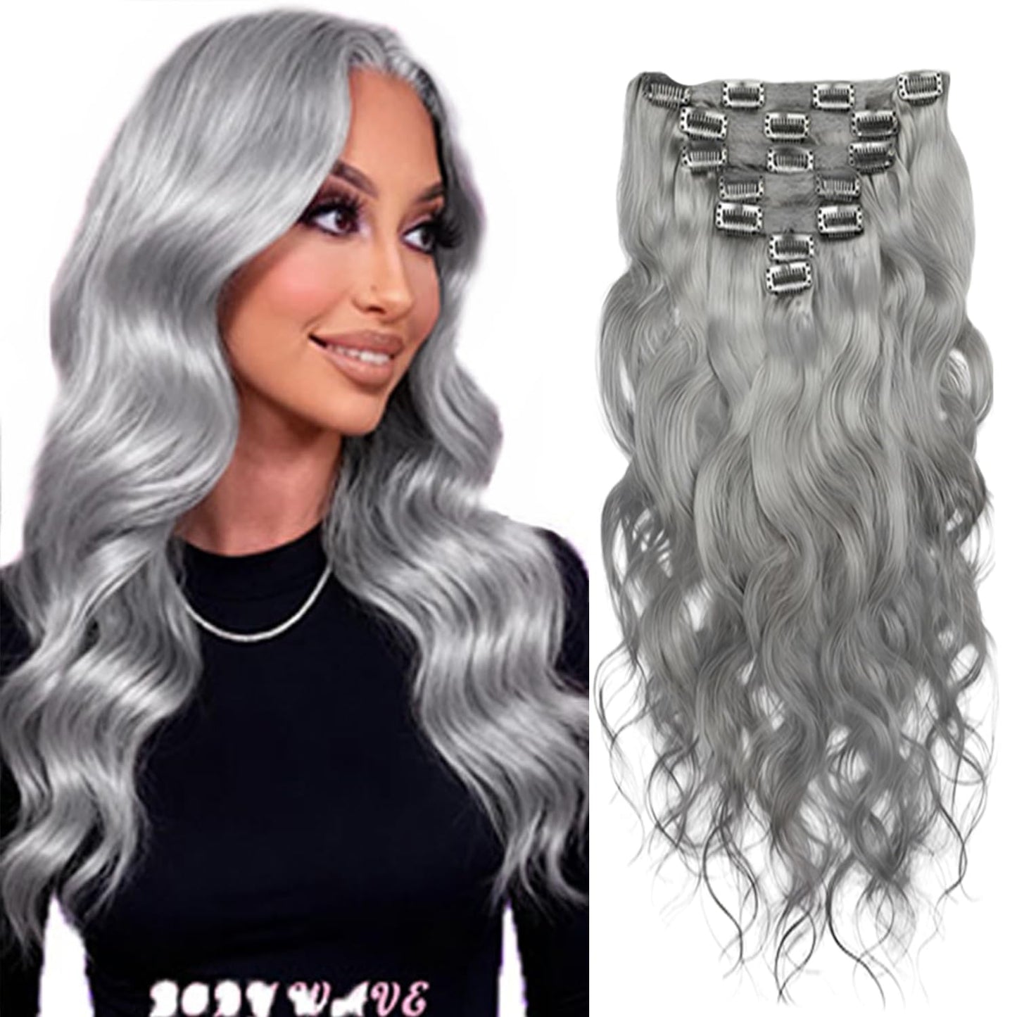 Grey Long Wave Clip in Hair Extensions Real Human Hair, 14 Inch 120g/7Pcs,Full Shine Remy Human Hair,Natural Grey Clip ins Brazilian Virgin Human Hair Extensions
