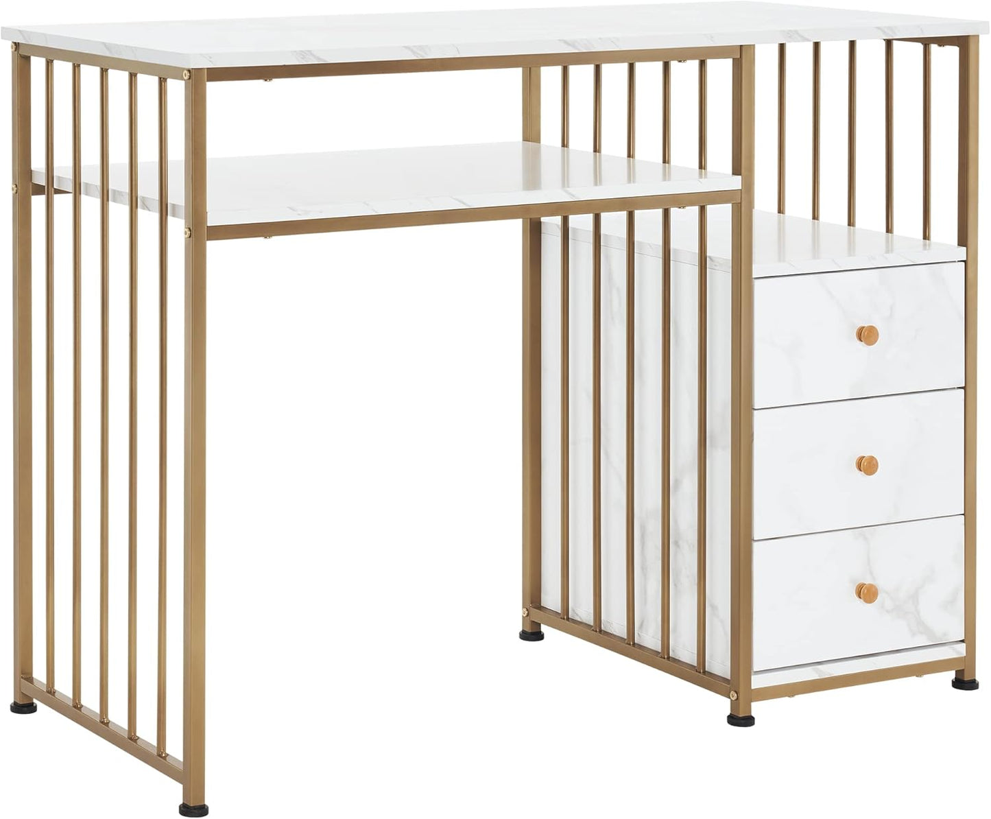 Manicure Table for Nail Tech - Golden Marbling Texture with Storage Drawers | Home Salon Spa Equipment