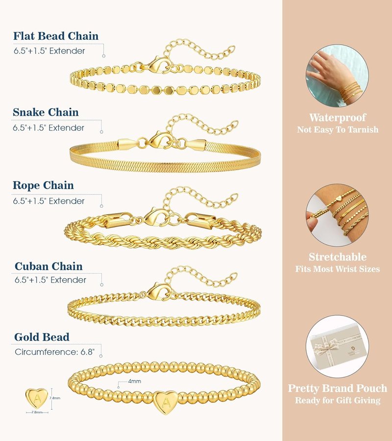 Gold Bracelets for Women - 14K Gold Plated Stackable Waterproof Set | Dainty Adjustable Heart Initial Charm Jewelry